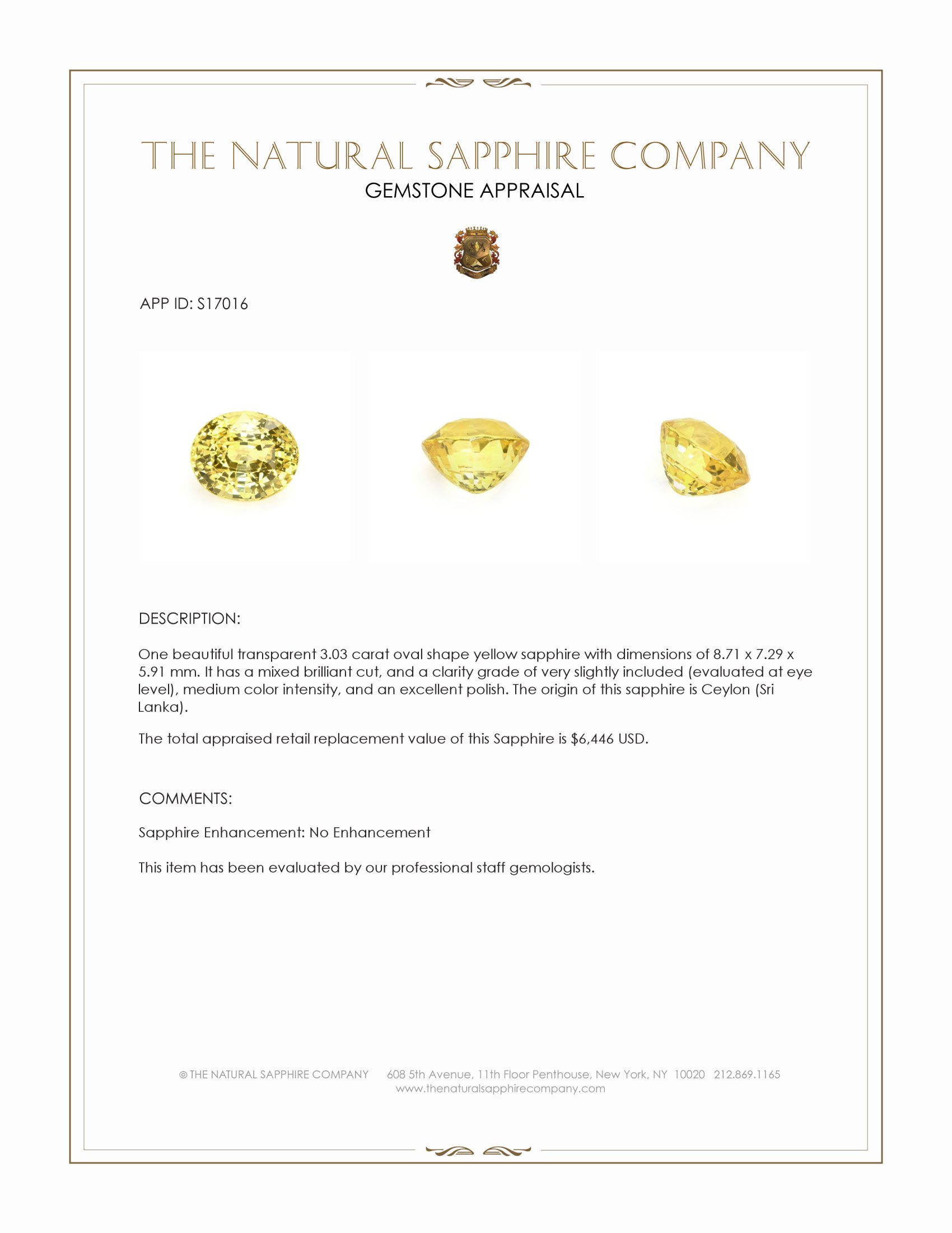3.03 Ct. Yellow Sapphire from Ceylon (Sri Lanka)