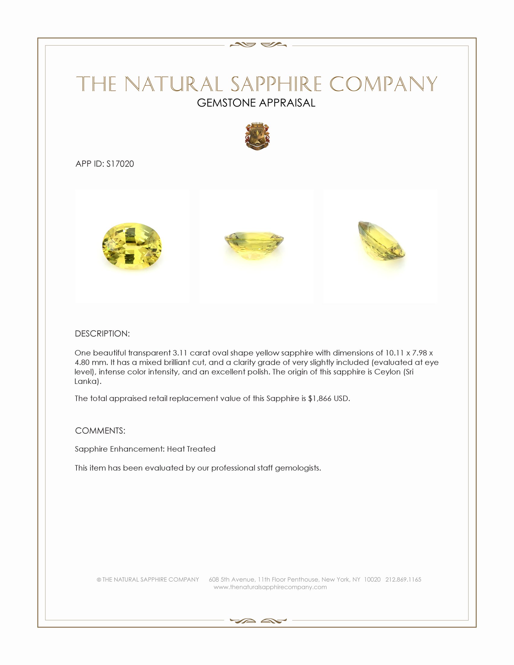 3.11 Ct. Yellow Sapphire from Ceylon (Sri Lanka)