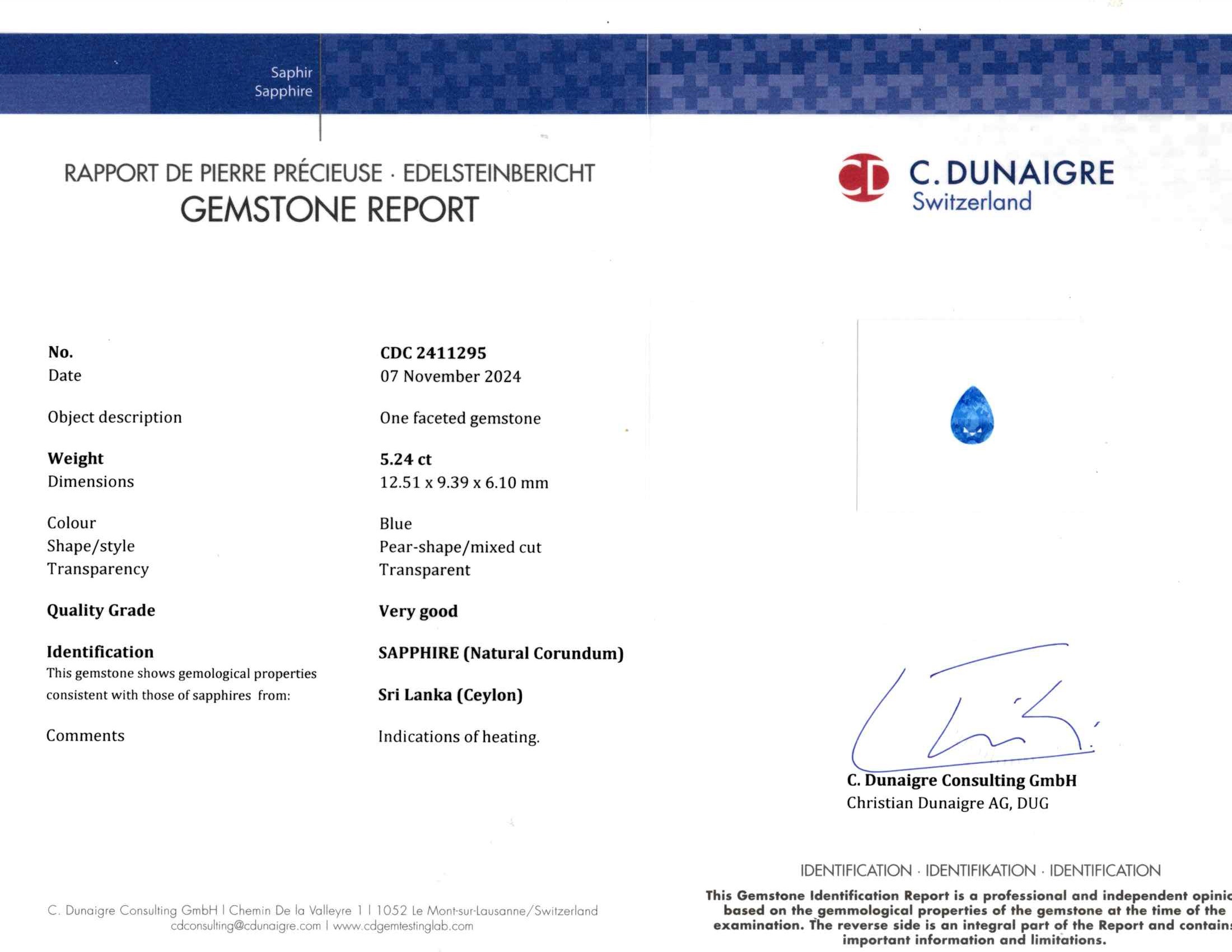 5.24 Ct. Blue Sapphire from Ceylon (Sri Lanka)