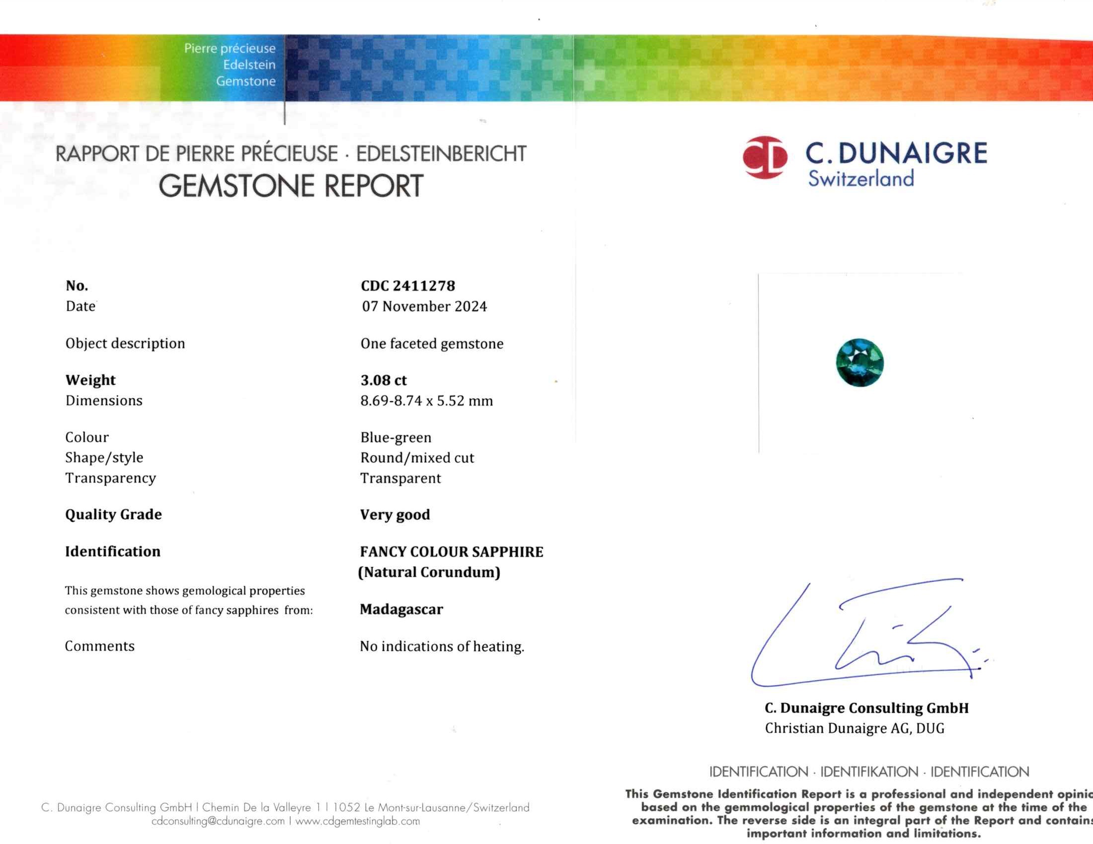 3.08 Ct. Greenish Blue Sapphire from Madagascar