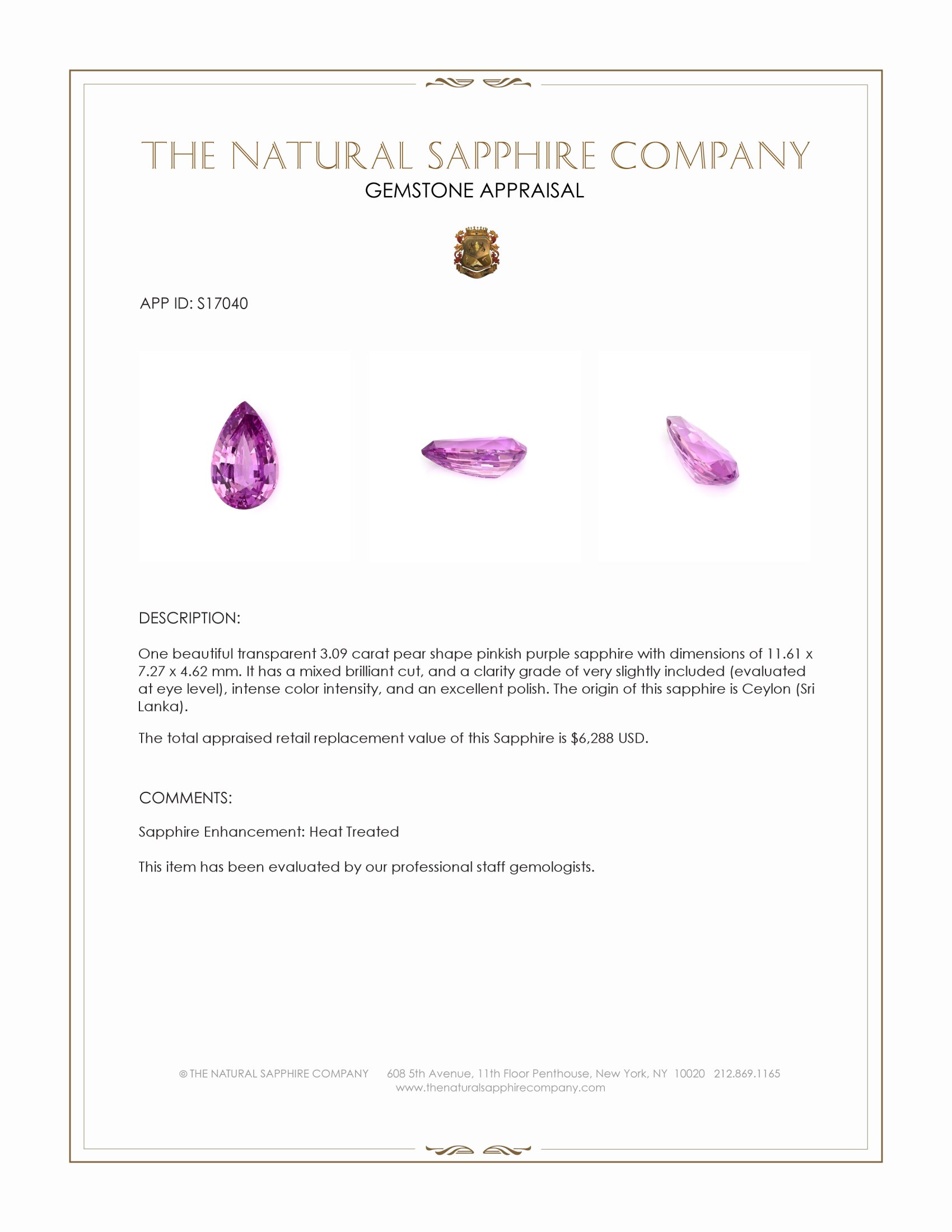 3.09 Ct. Pinkish Purple Sapphire from Ceylon (Sri Lanka)