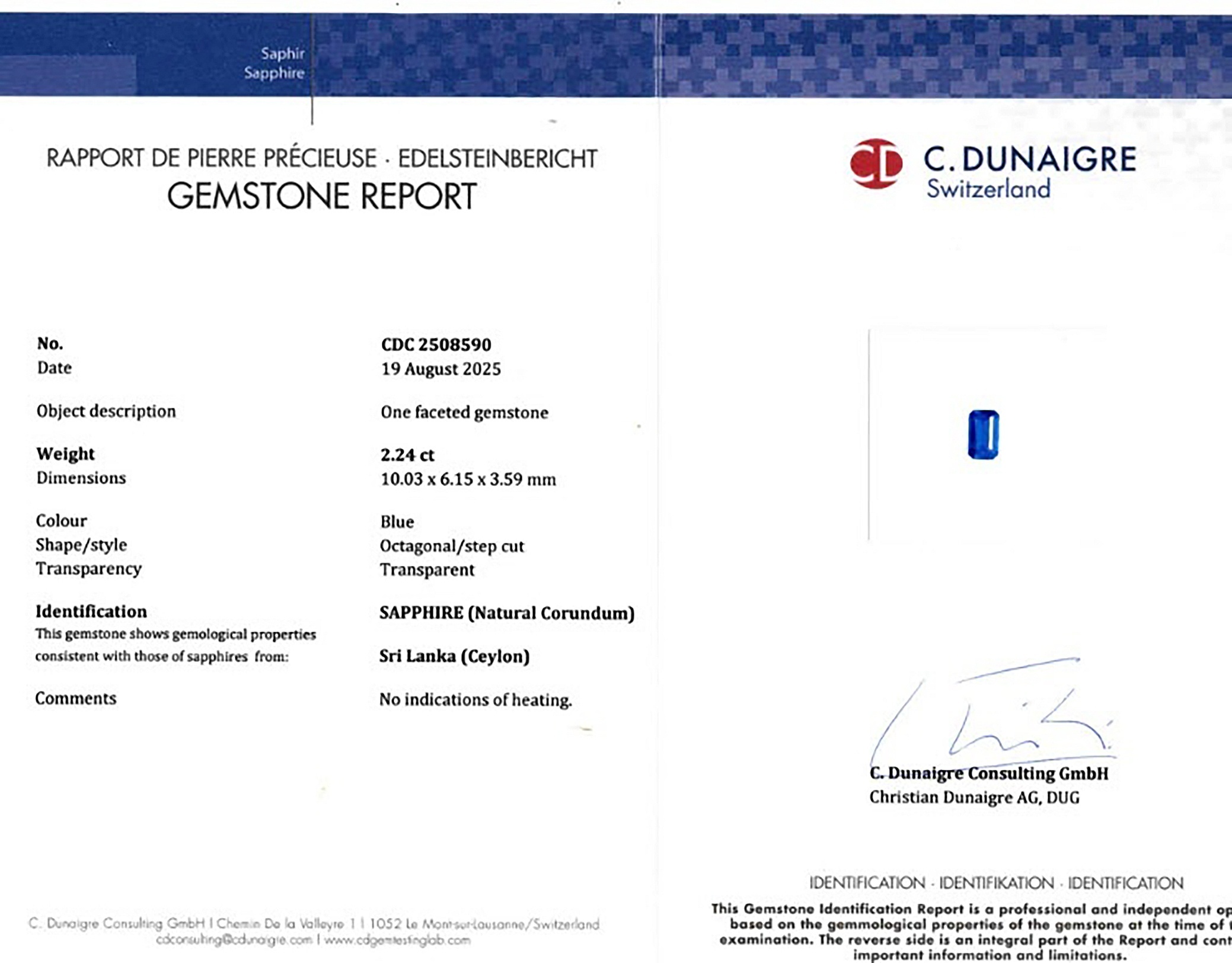 2.24 Ct. Blue Sapphire from Ceylon (Sri Lanka)