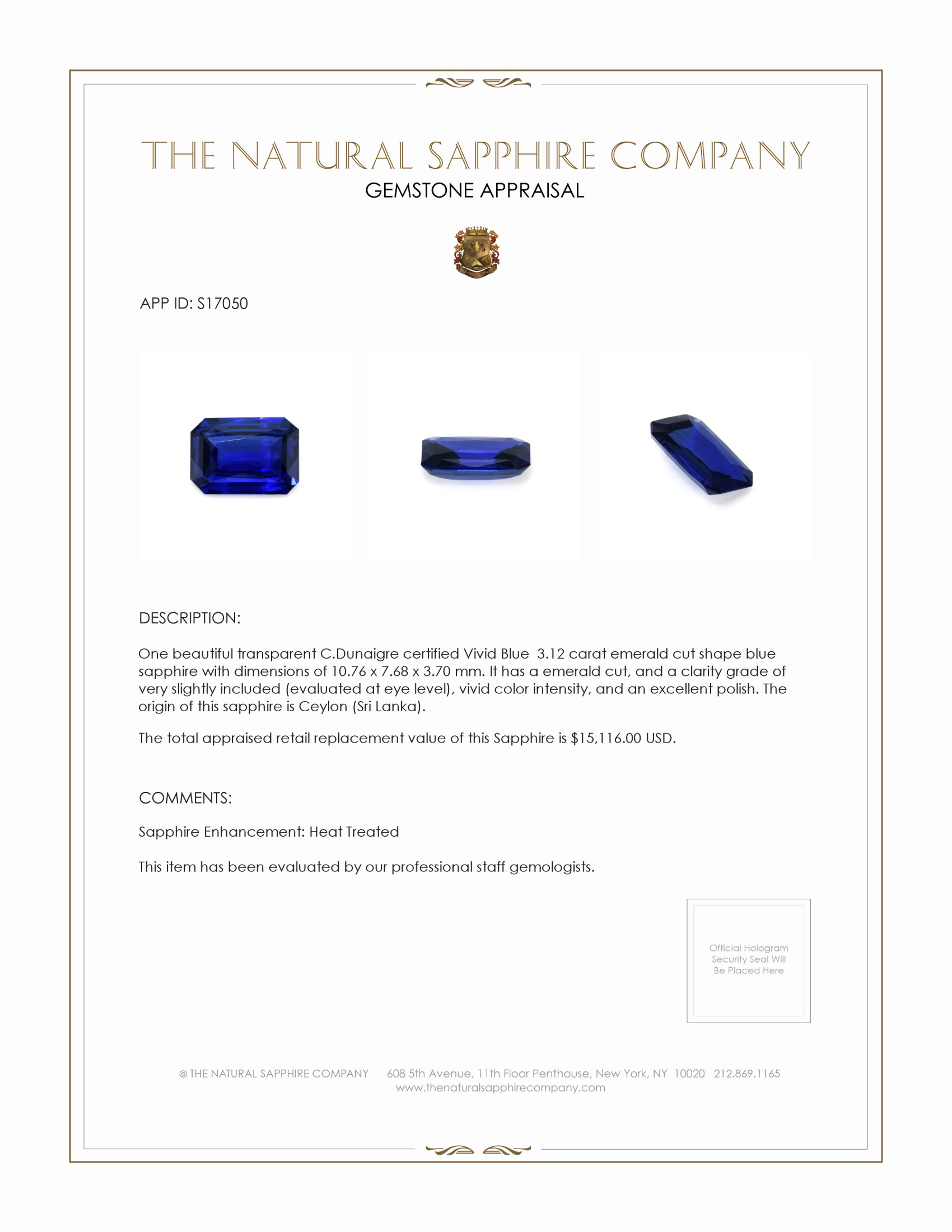 3.12 Ct. Blue Sapphire from Ceylon (Sri Lanka)