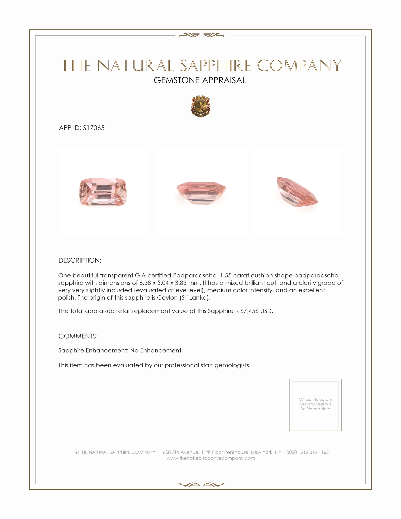 1.55 Ct. Padparadscha Sapphire from Ceylon (Sri Lanka)