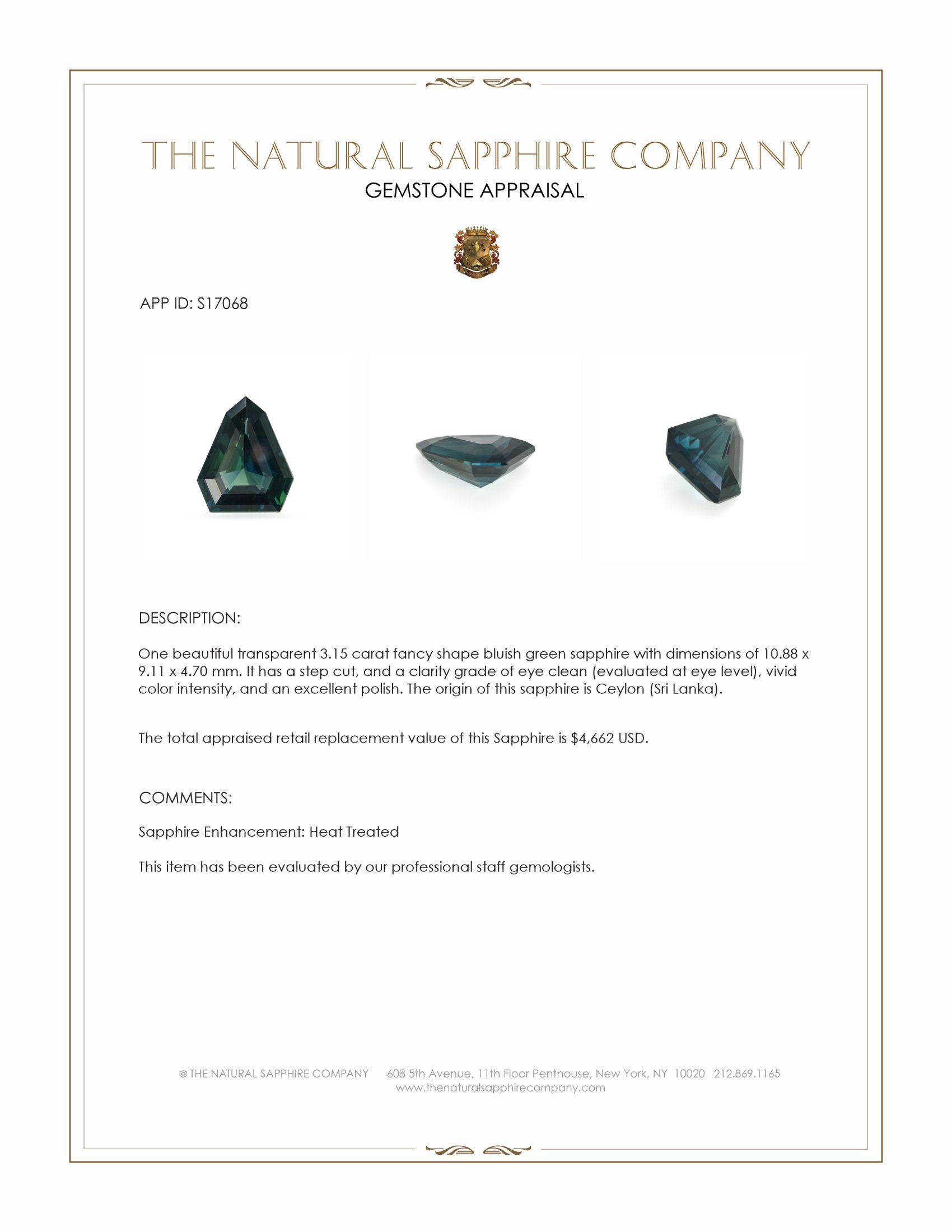 3.15 Ct. Bluish Green Sapphire from Ceylon (Sri Lanka)