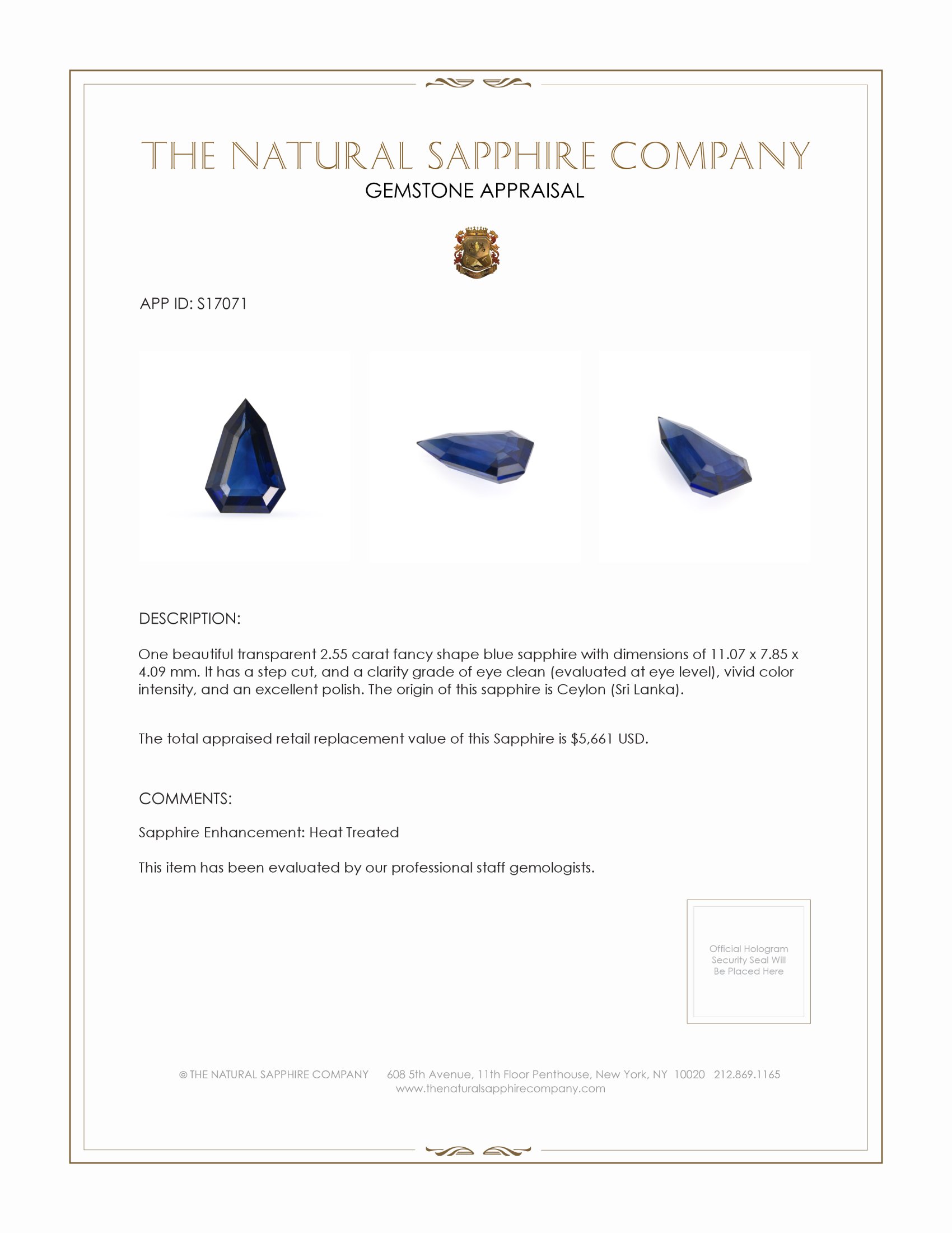 2.55 Ct. Blue Sapphire from Ceylon (Sri Lanka)