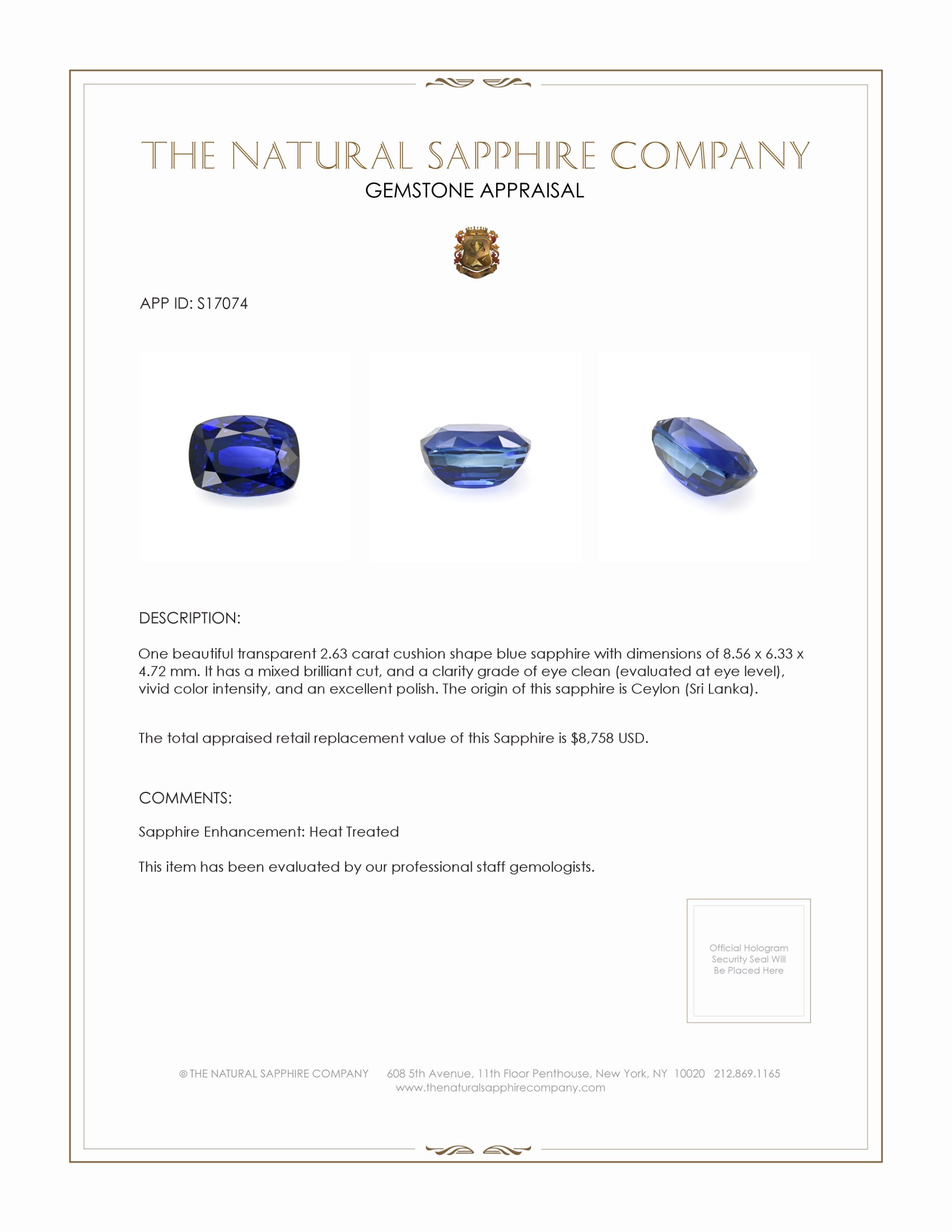 2.63 Ct. Blue Sapphire from Ceylon (Sri Lanka)