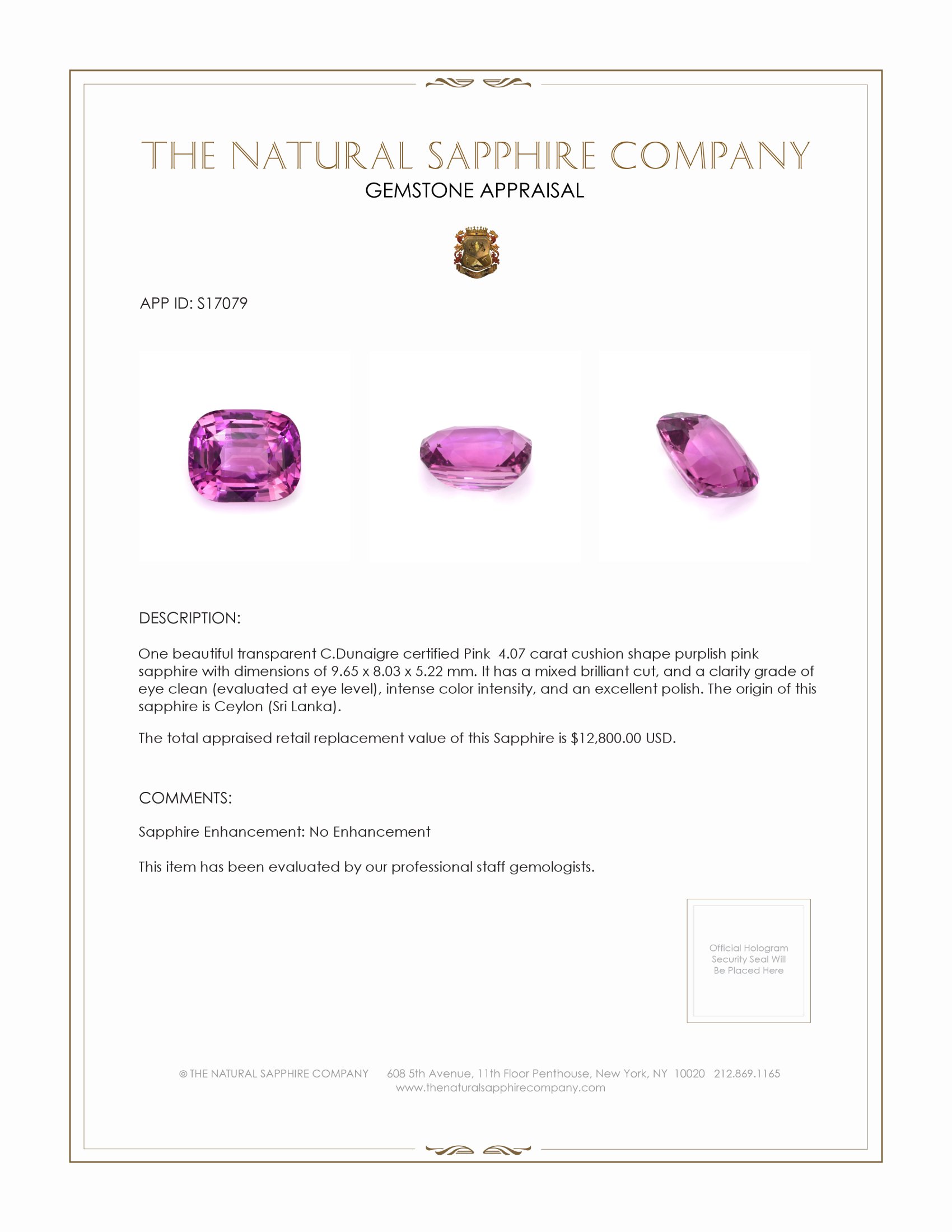 4.07 Ct. Purplish Pink Sapphire from Ceylon (Sri Lanka)