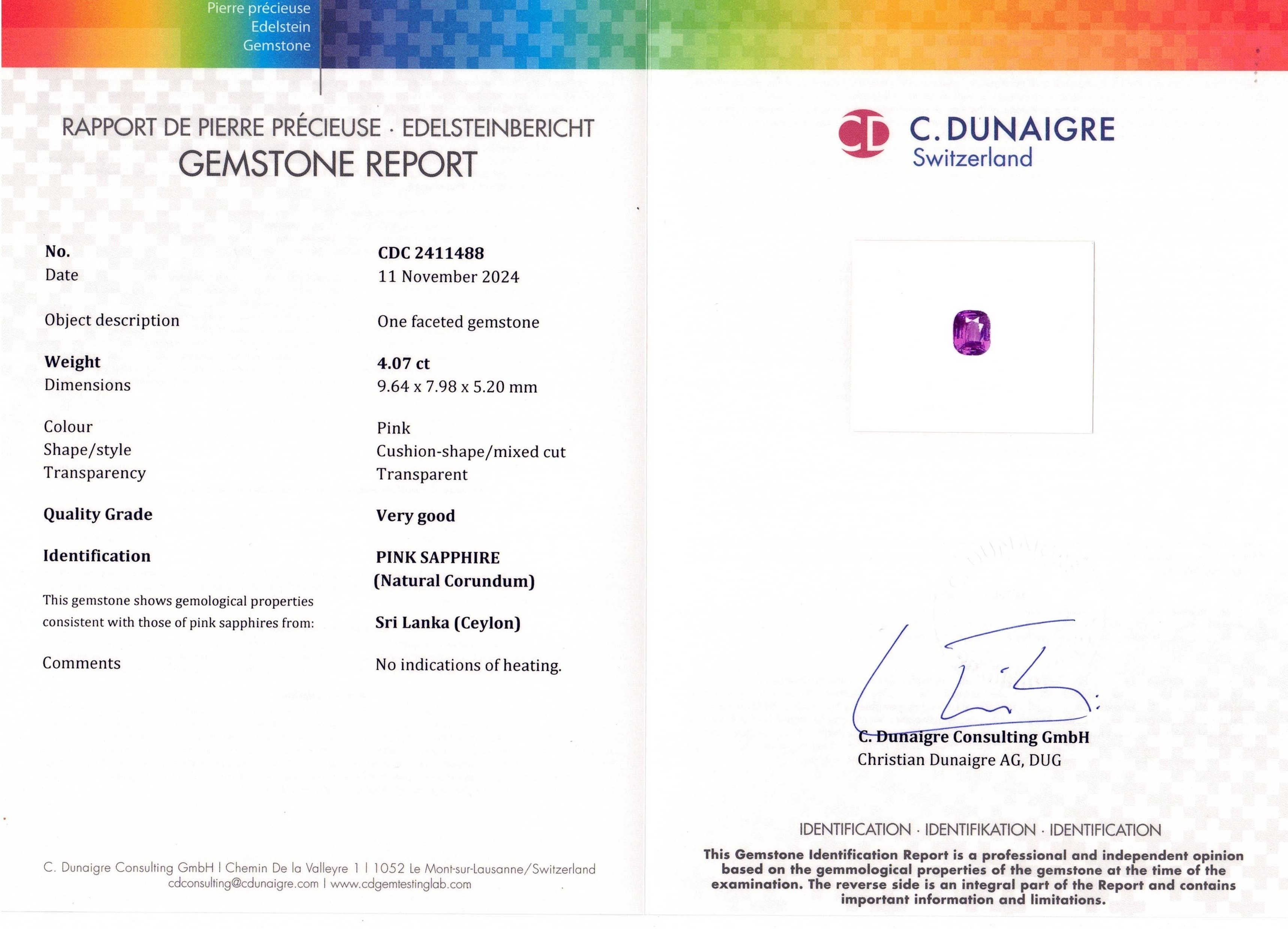 4.07 Ct. Purplish Pink Sapphire from Ceylon (Sri Lanka)