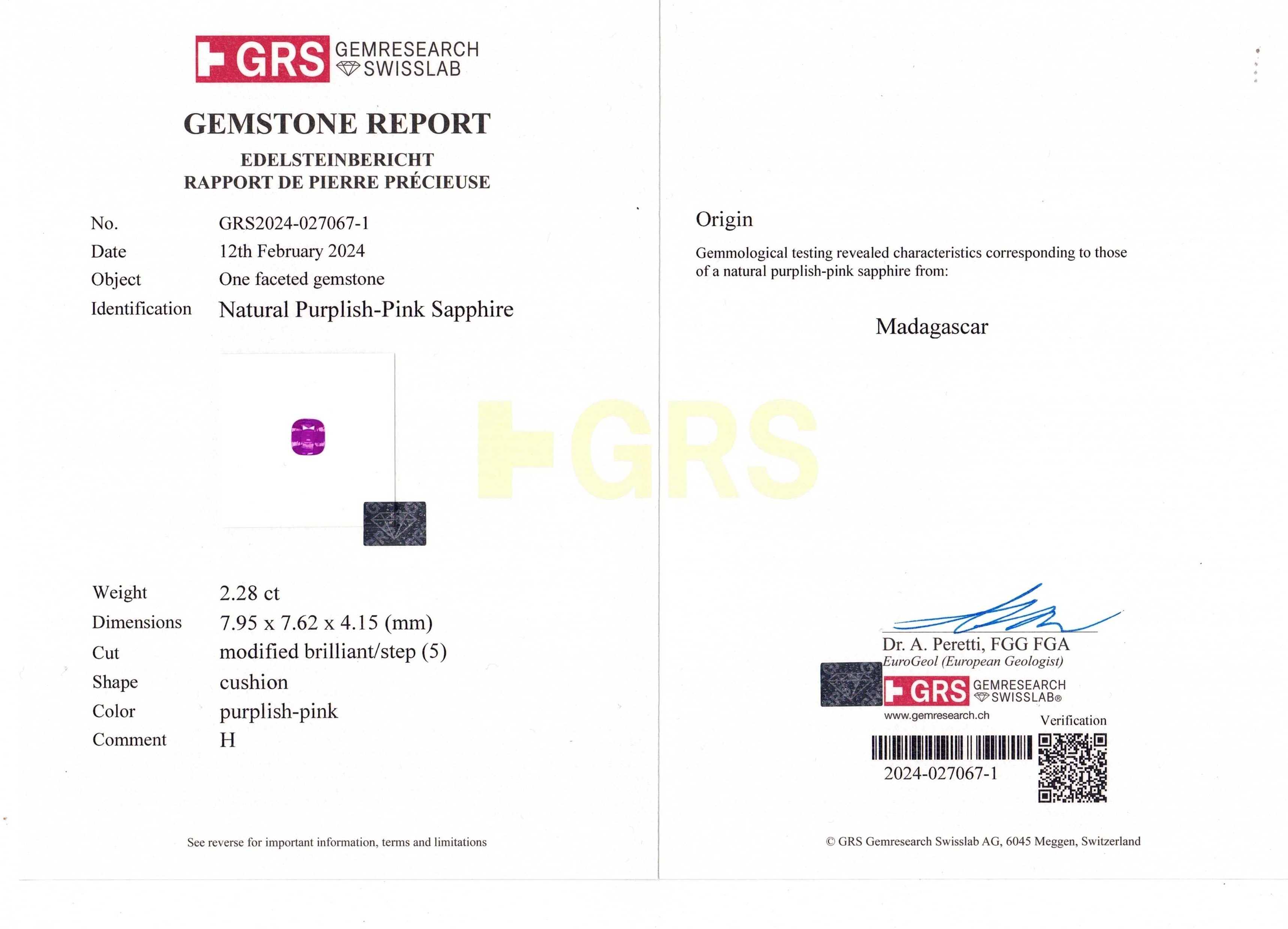 2.28 Ct. Purplish Pink Sapphire from Madagascar