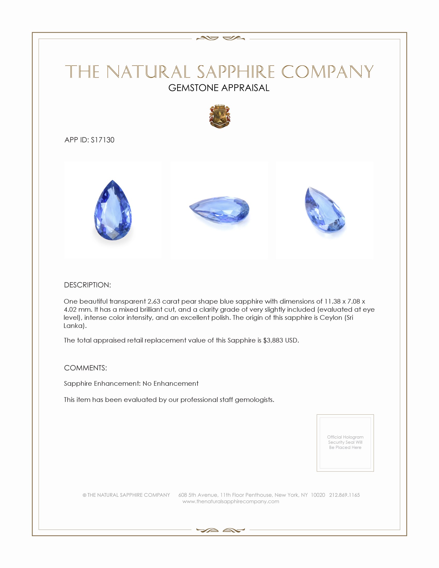 2.63 Ct. Blue Sapphire from Ceylon (Sri Lanka)