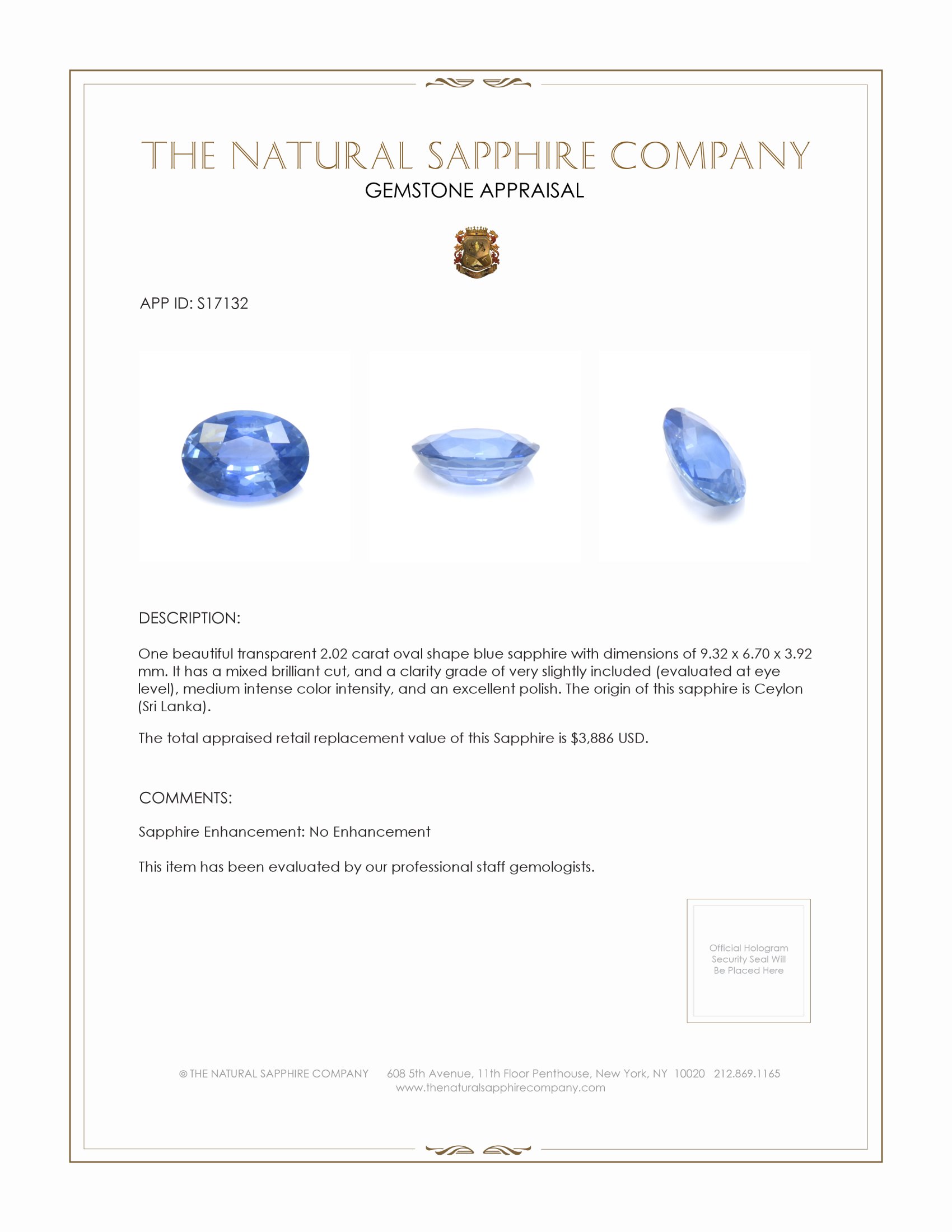 2.02 Ct. Blue Sapphire from Ceylon (Sri Lanka)
