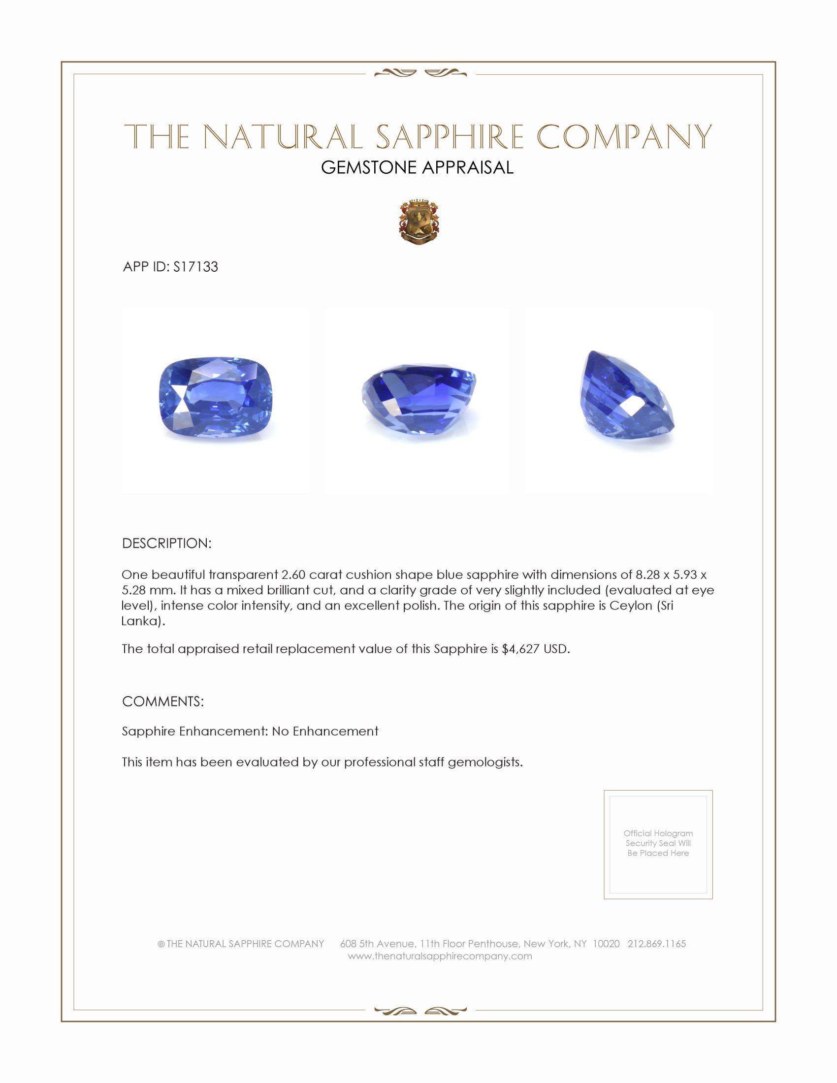 2.60 Ct. Blue Sapphire from Ceylon (Sri Lanka)