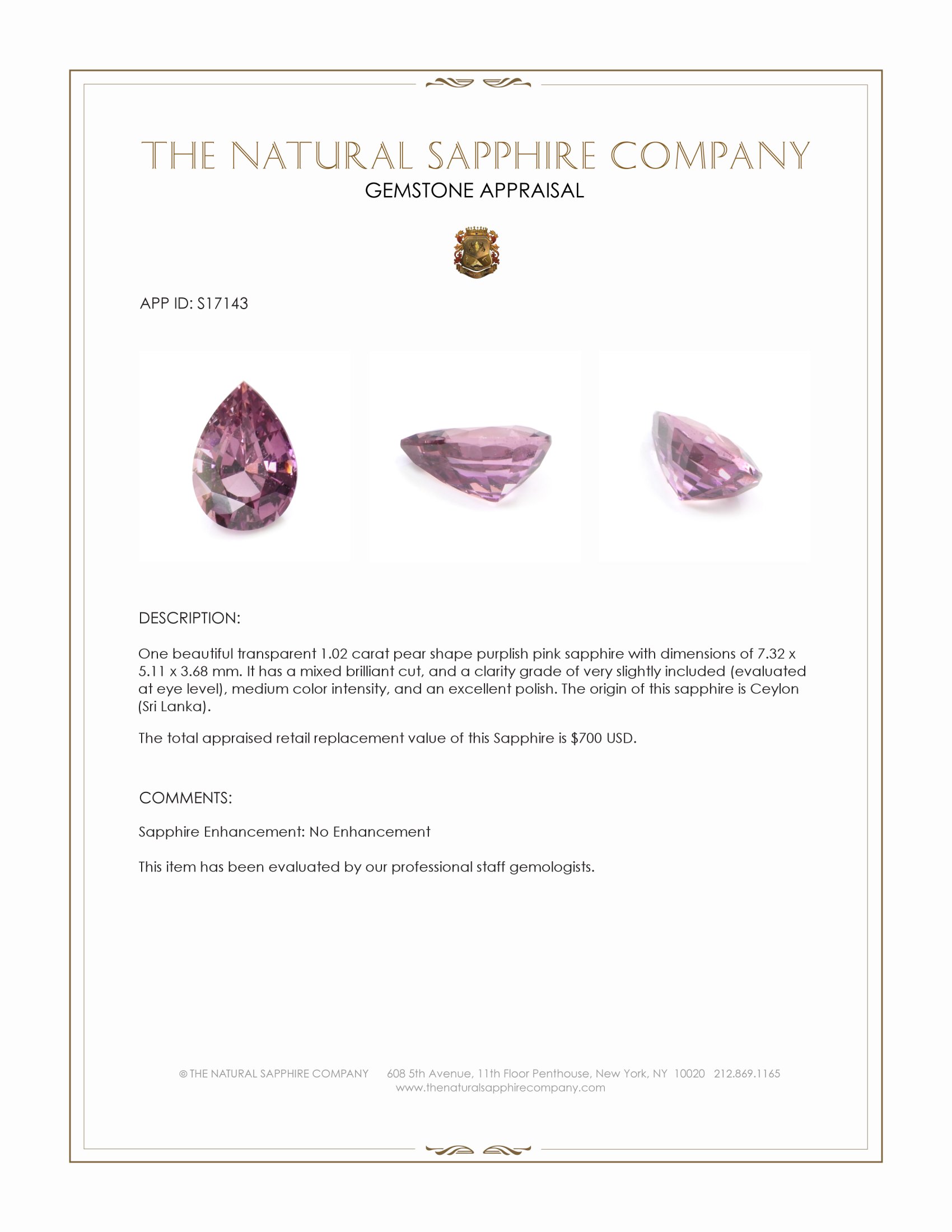 1.02 Ct. Purplish Pink Sapphire from Ceylon (Sri Lanka)