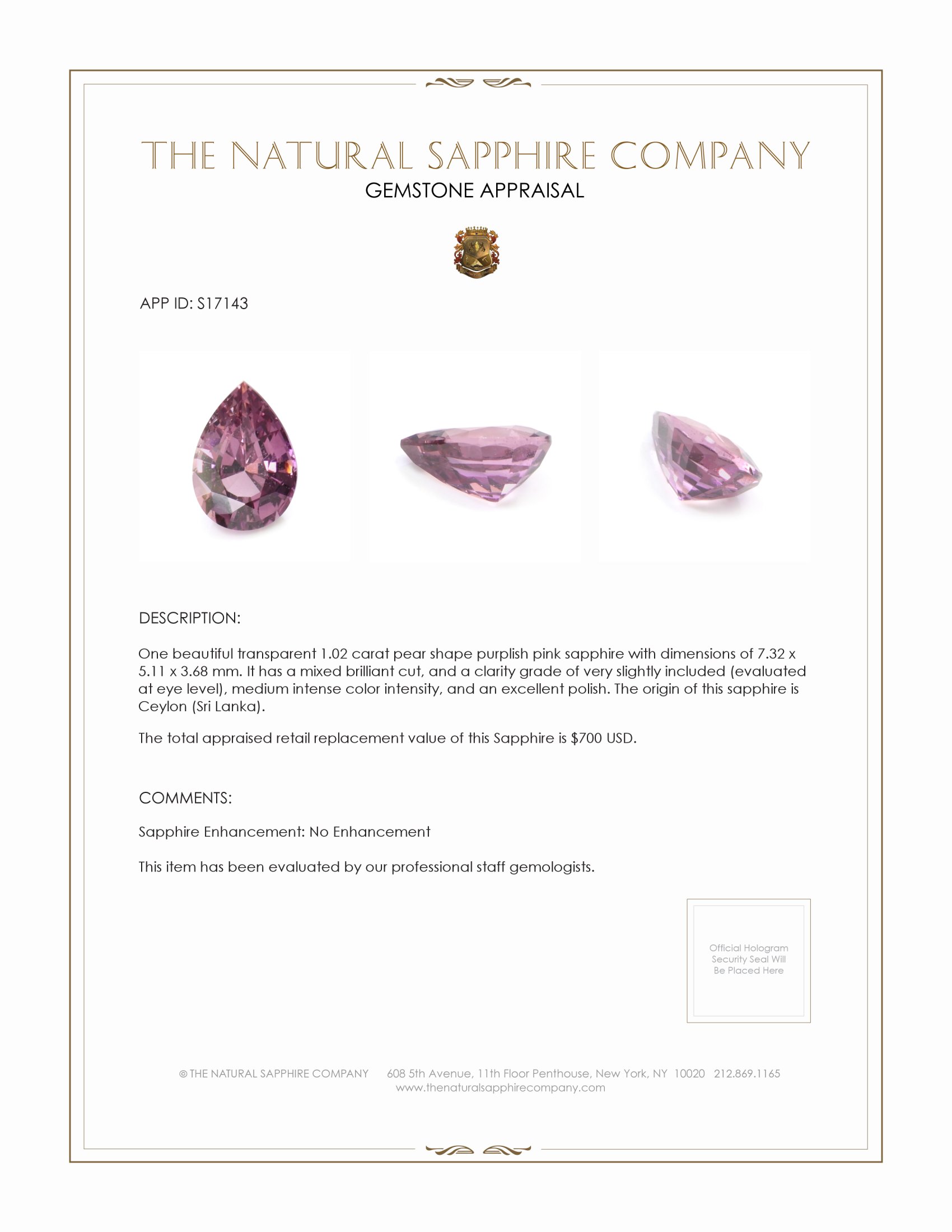 1.02 Ct. Purplish Pink Sapphire from Ceylon (Sri Lanka)