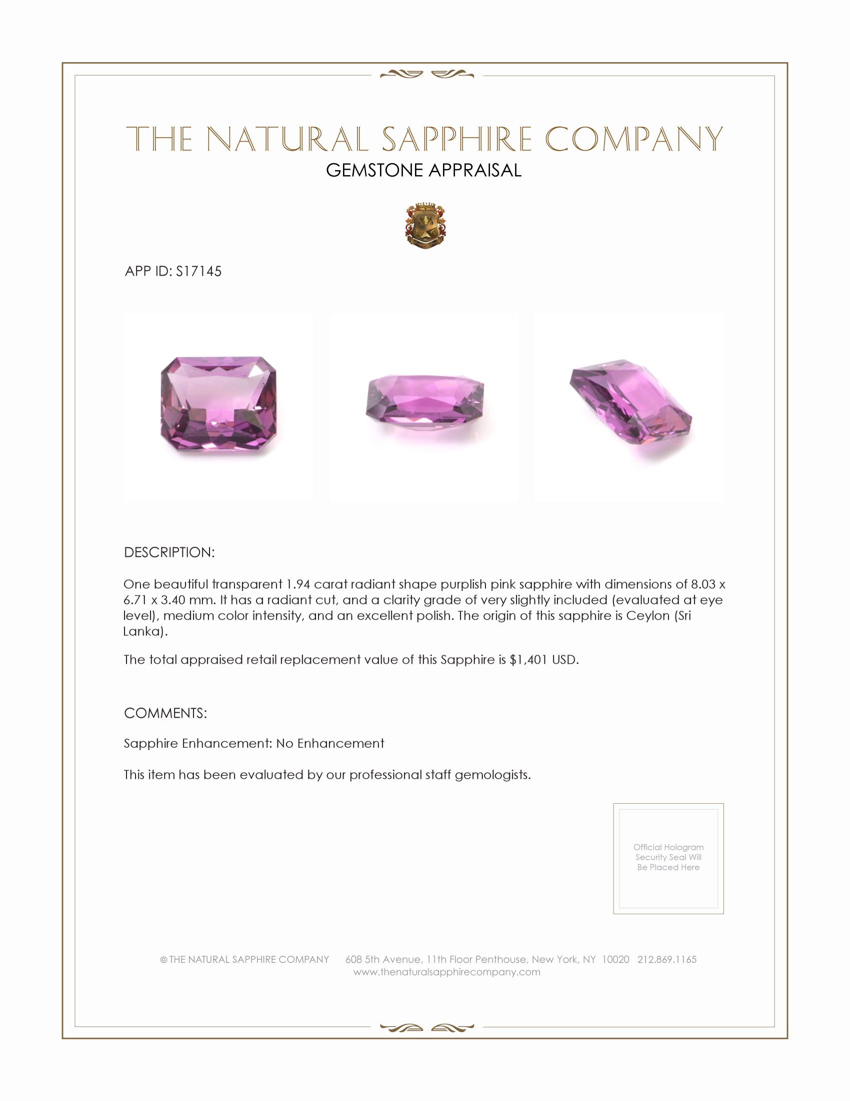 1.94 Ct. Purplish Pink Sapphire from Ceylon (Sri Lanka)
