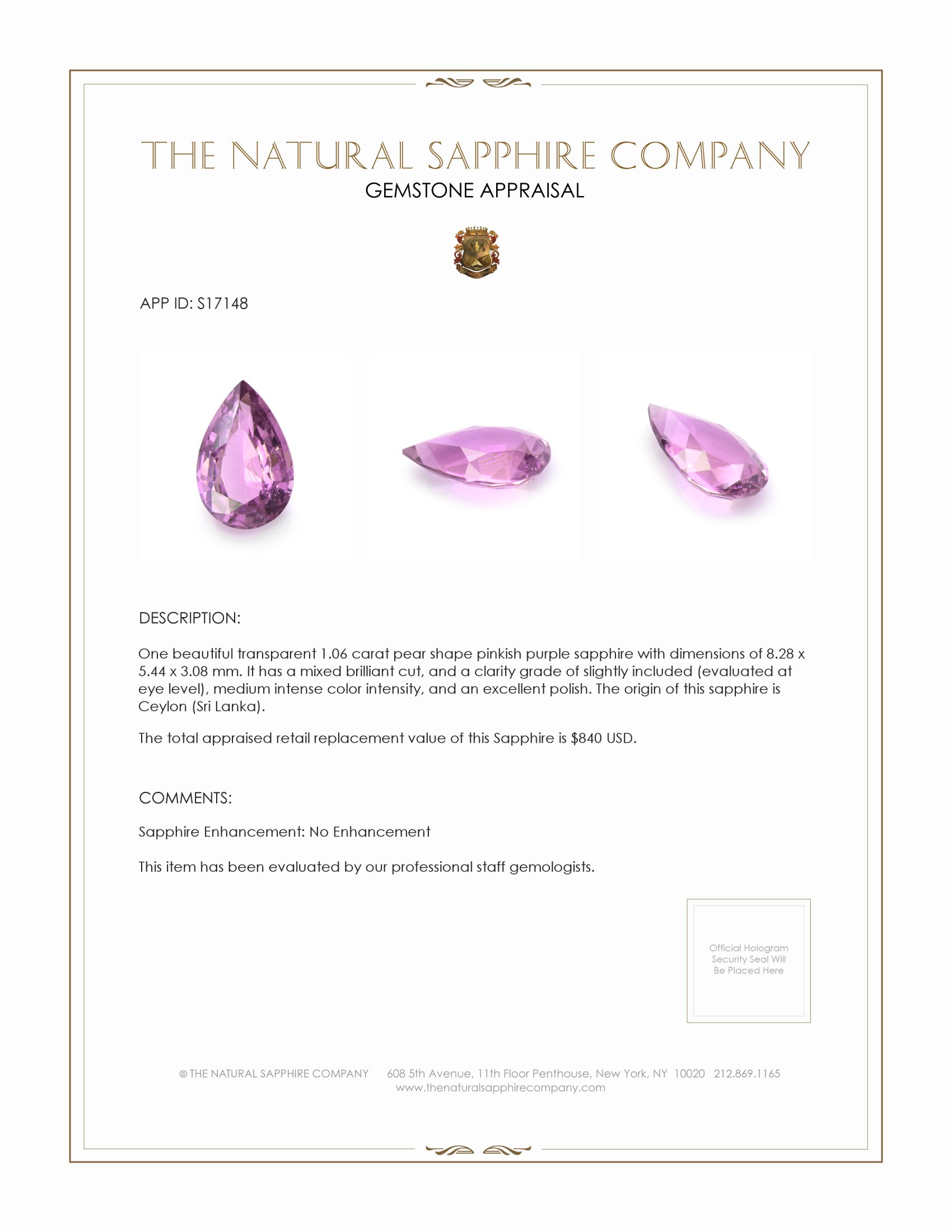 1.06 Ct. Pinkish Purple Sapphire from Ceylon (Sri Lanka)