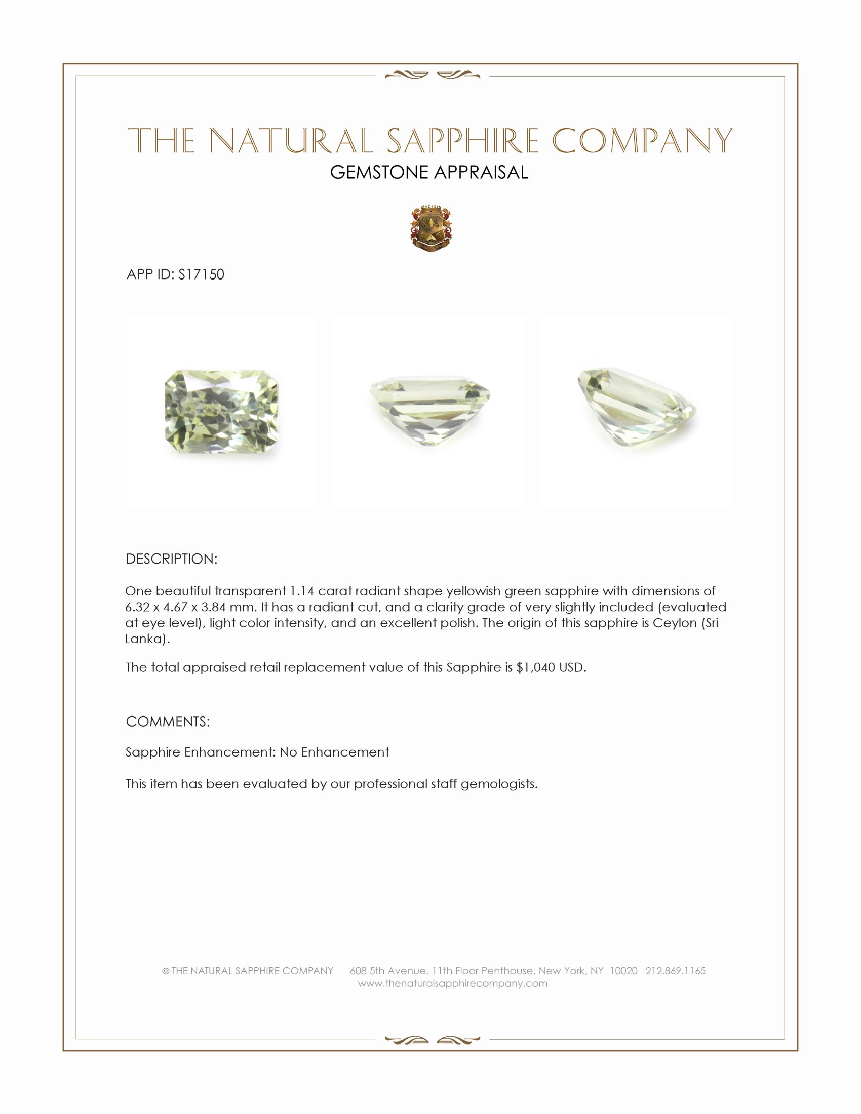 1.14 Ct. Yellowish Green Sapphire from Ceylon (Sri Lanka)