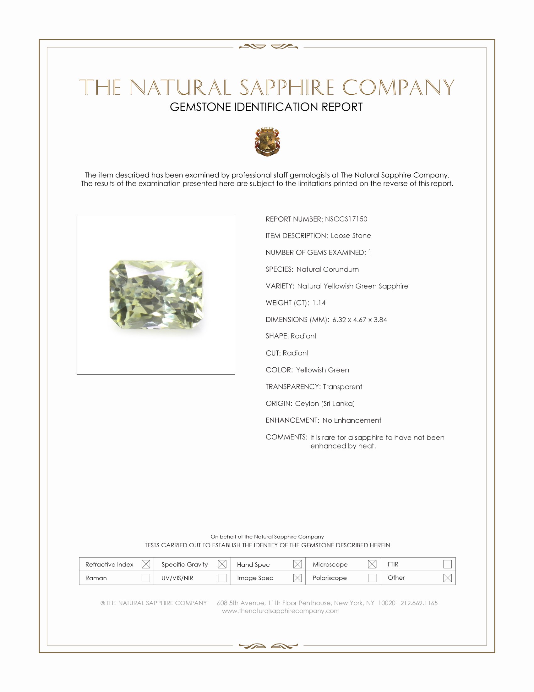 1.14 Ct. Yellowish Green Sapphire from Ceylon (Sri Lanka)
