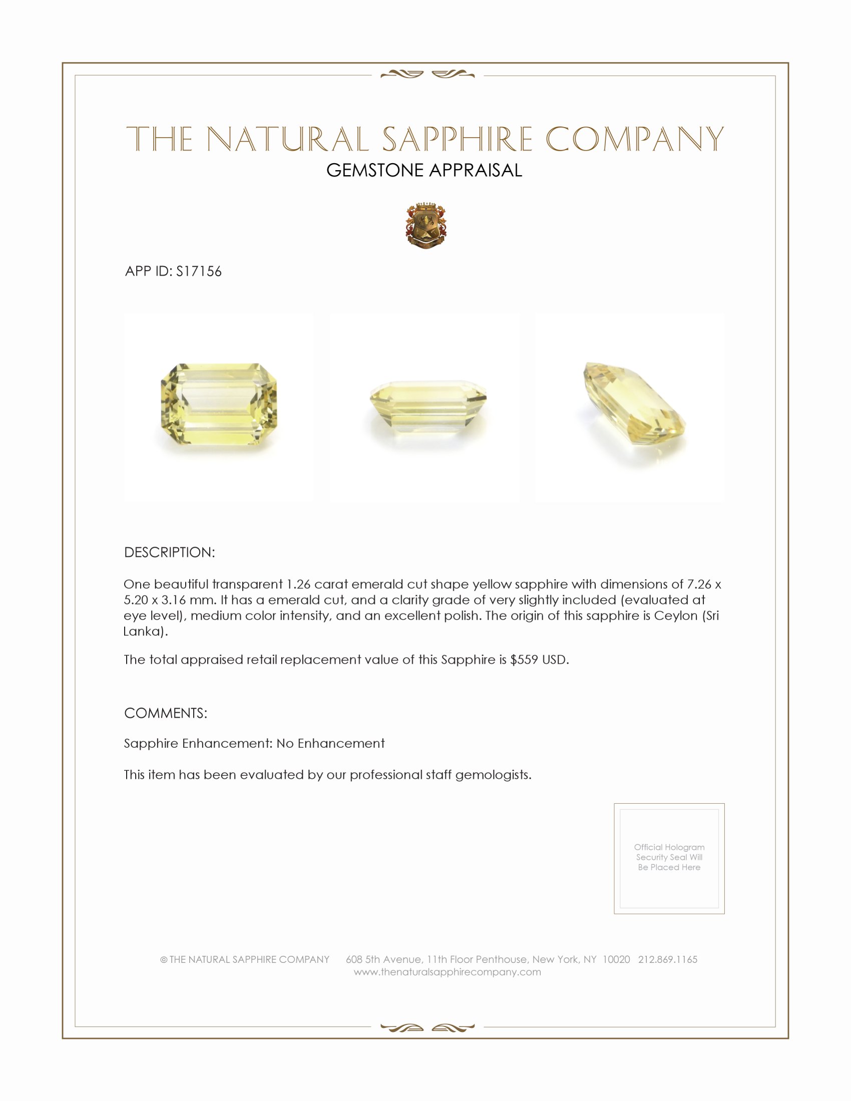 1.26 Ct. Yellow Sapphire from Ceylon (Sri Lanka)