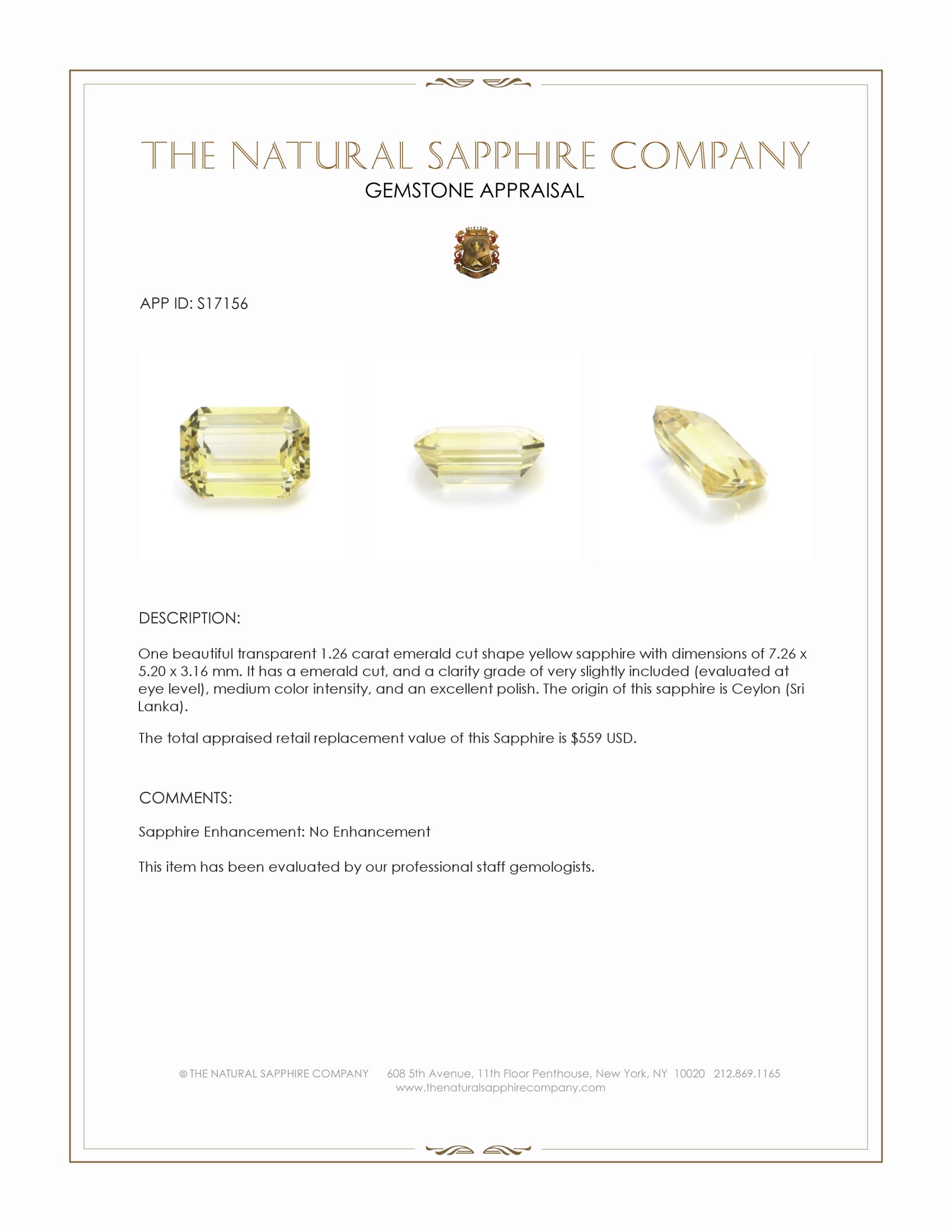 1.26 Ct. Yellow Sapphire from Ceylon (Sri Lanka)