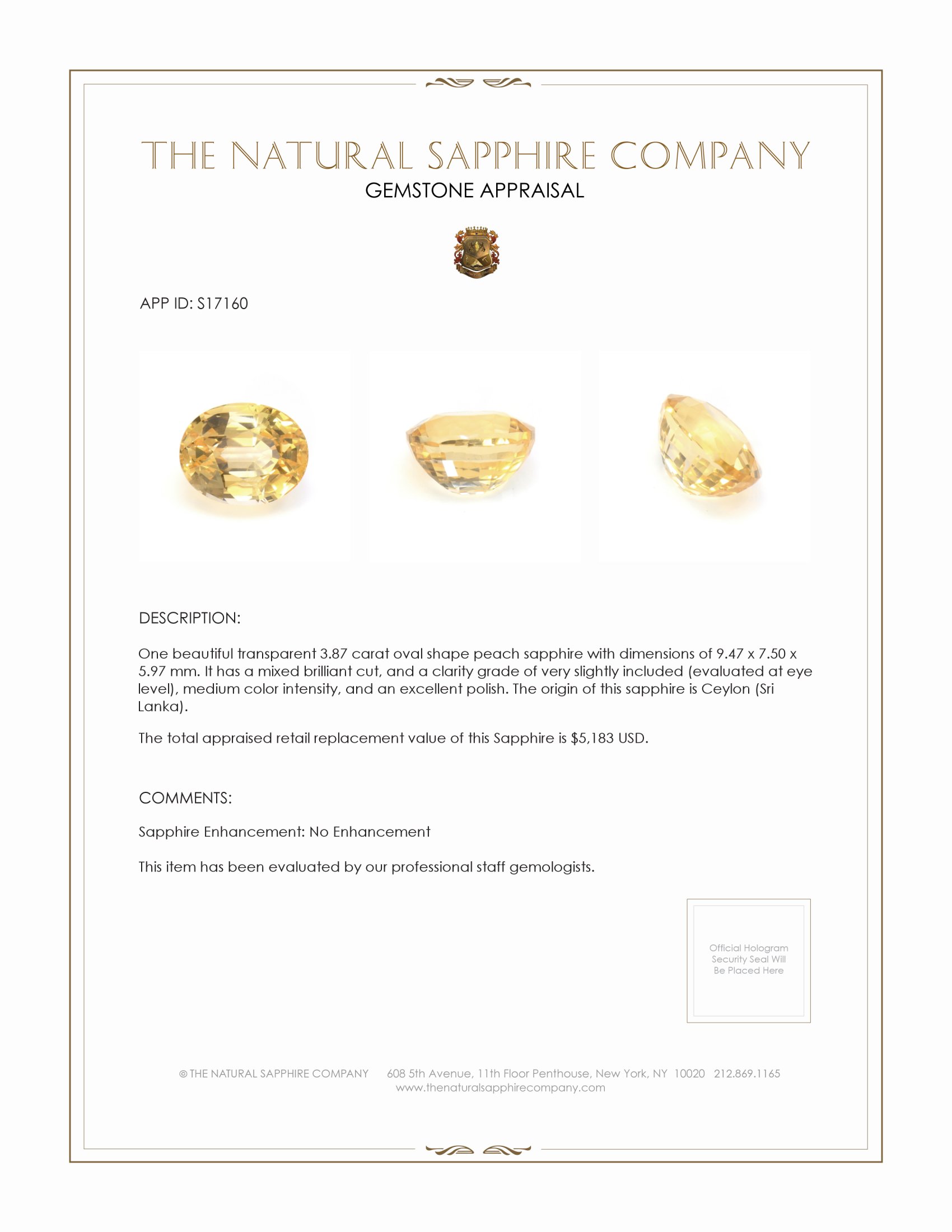 3.87 Ct. Peach Sapphire from Ceylon (Sri Lanka)