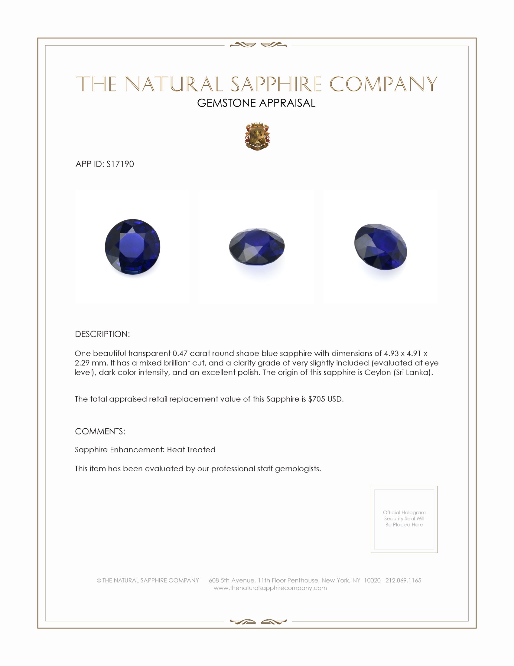 0.47 Ct. Blue Sapphire from Ceylon (Sri Lanka)