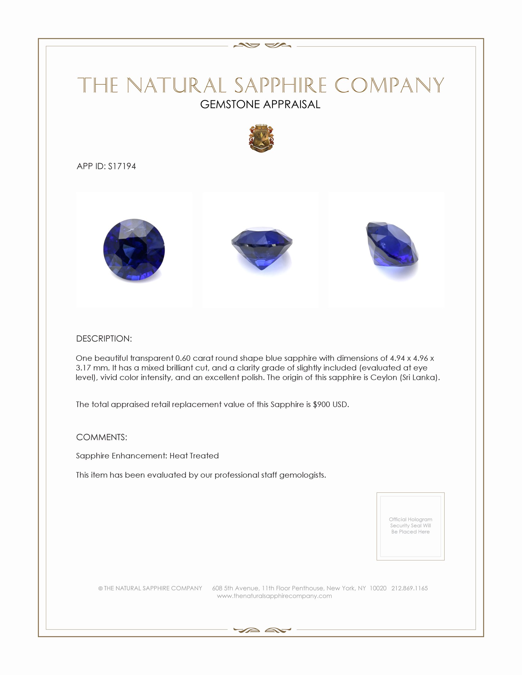 0.60 Ct. Blue Sapphire from Ceylon (Sri Lanka)
