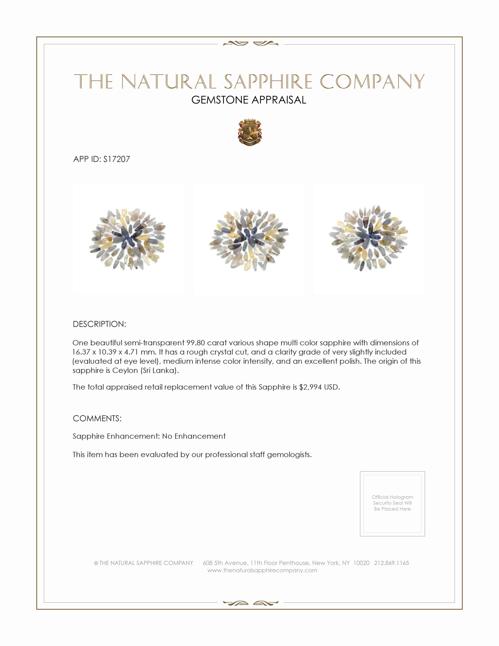 99.80 Ct. Multi Color Sapphire Crystal from Ceylon (Sri Lanka)