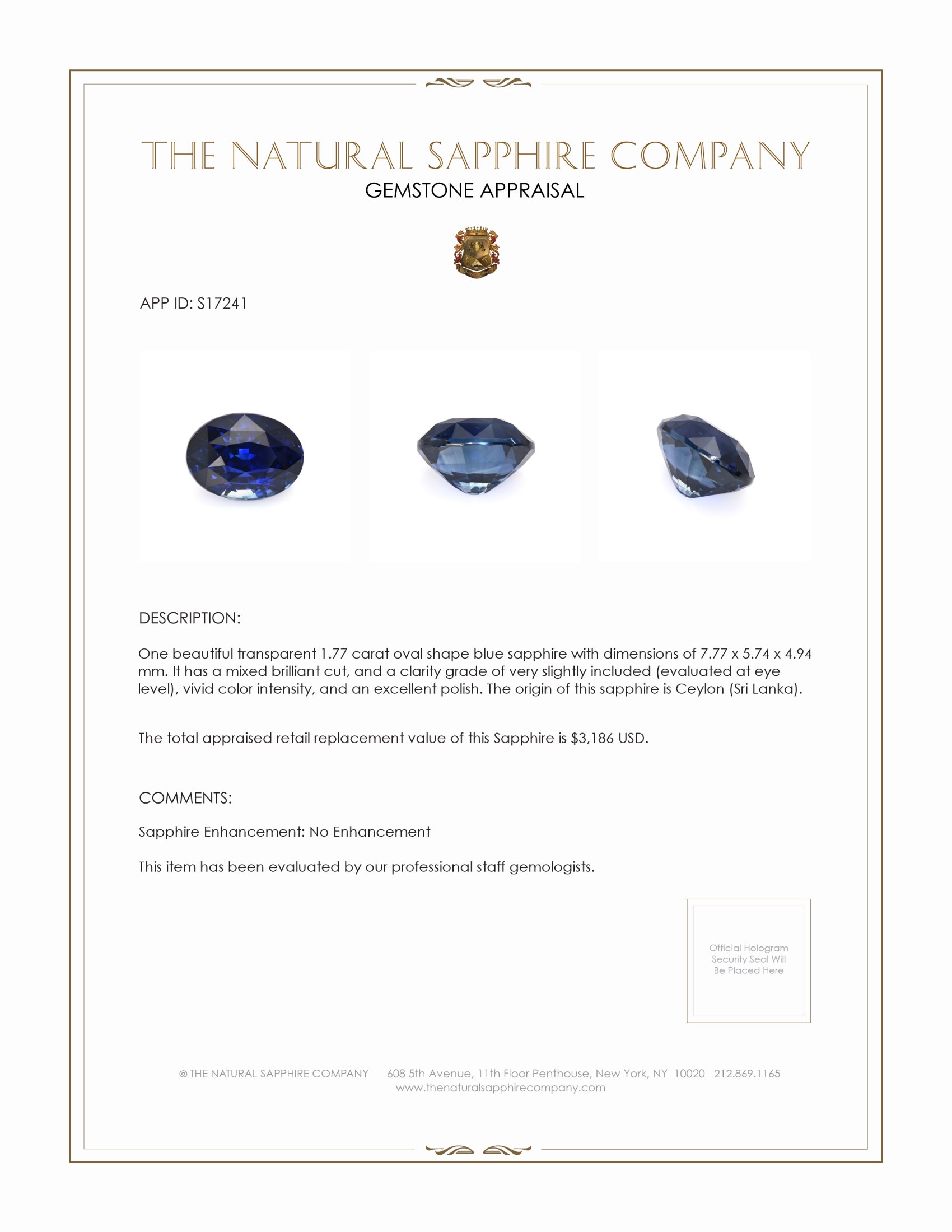 1.77 Ct. Blue Sapphire from Ceylon (Sri Lanka)