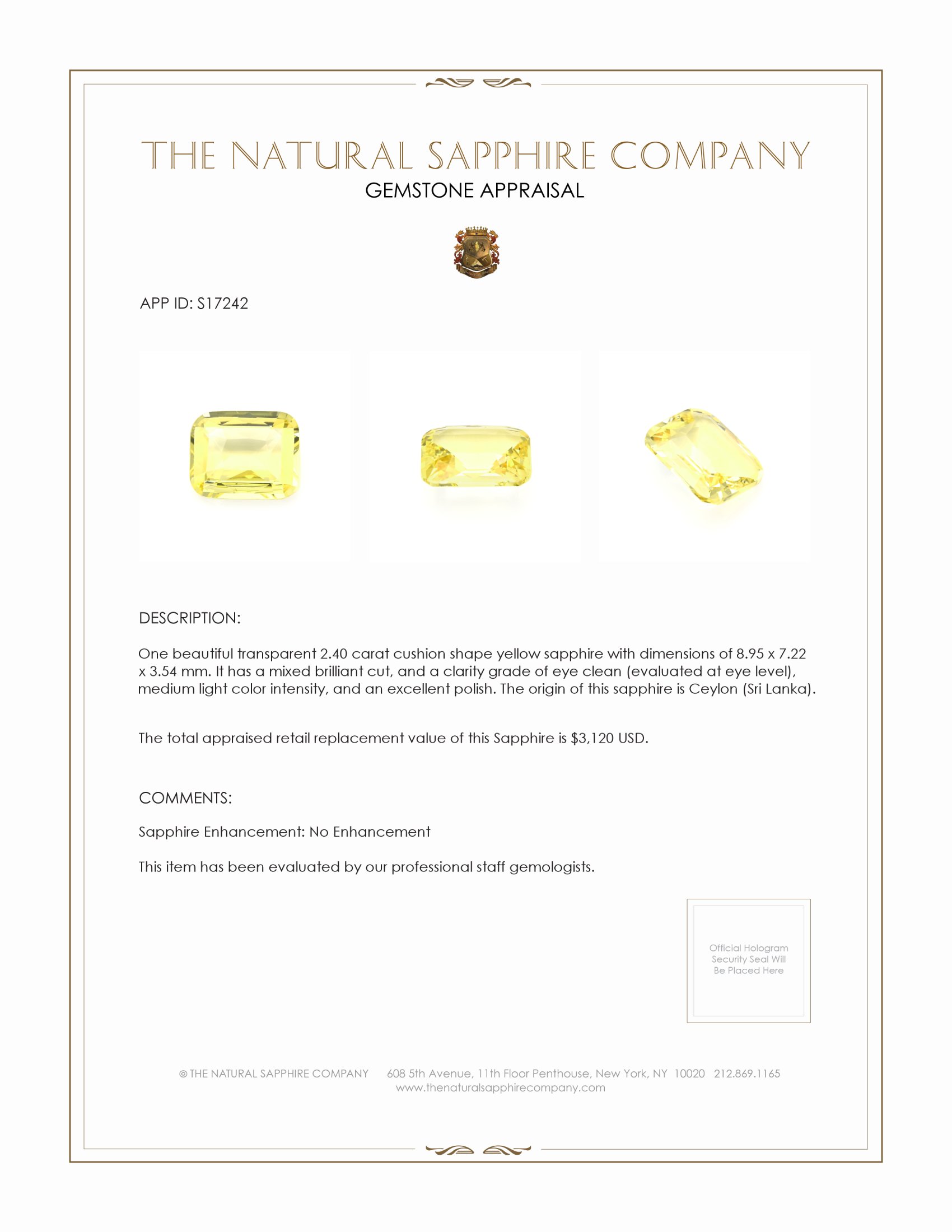 2.40 Ct. Yellow Sapphire from Ceylon (Sri Lanka)