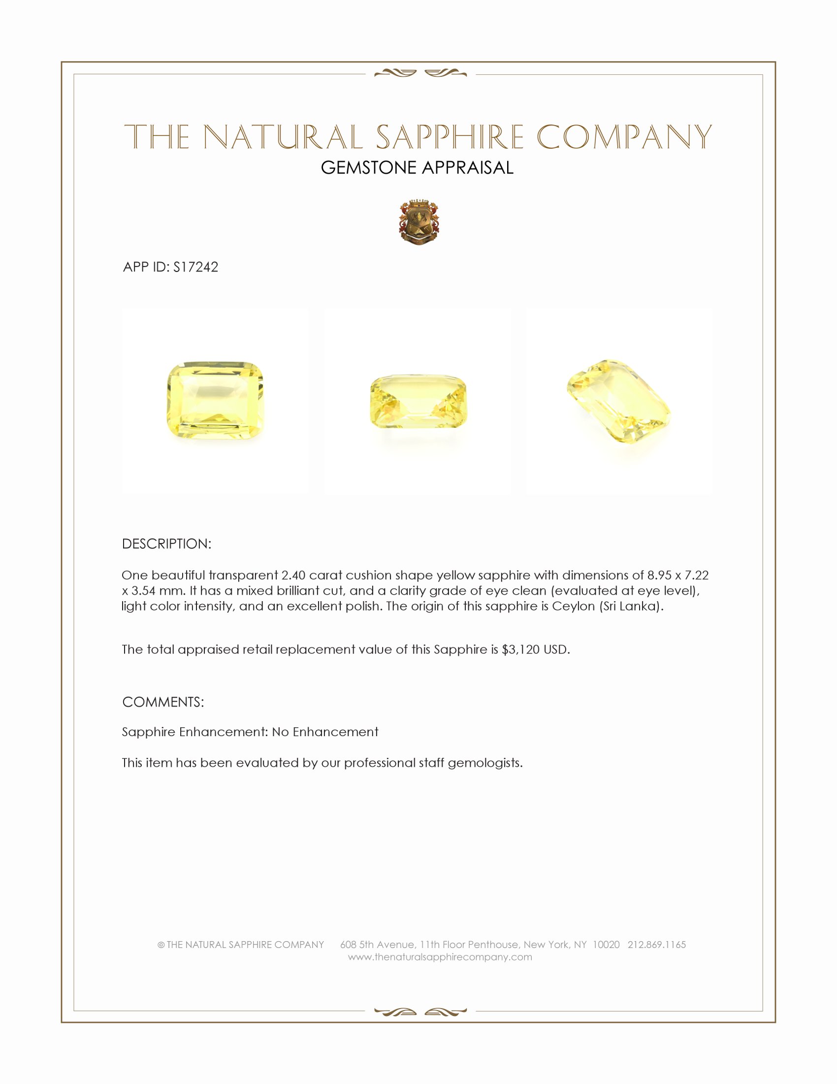 2.40 Ct. Yellow Sapphire from Ceylon (Sri Lanka)