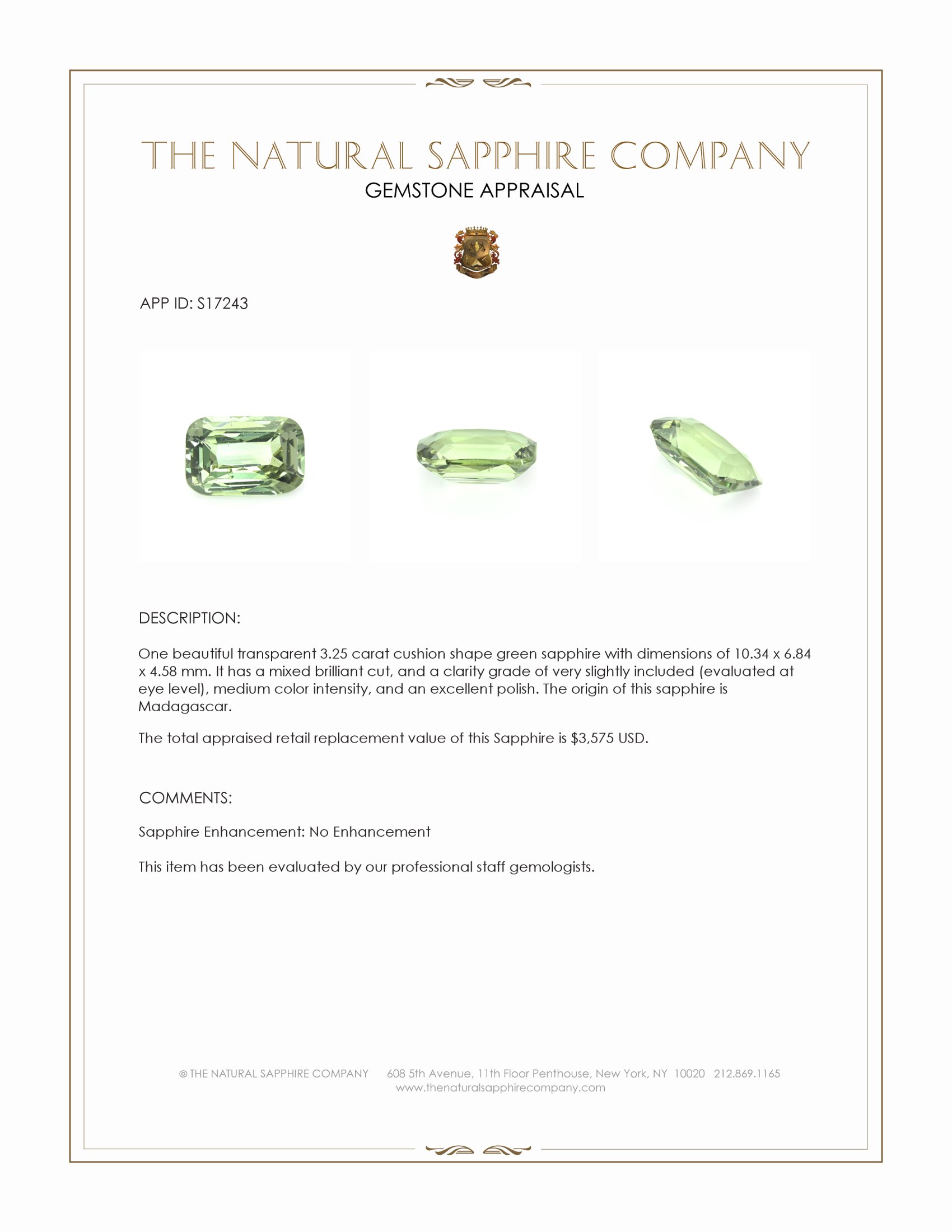 3.25 Ct. Green Sapphire from Madagascar