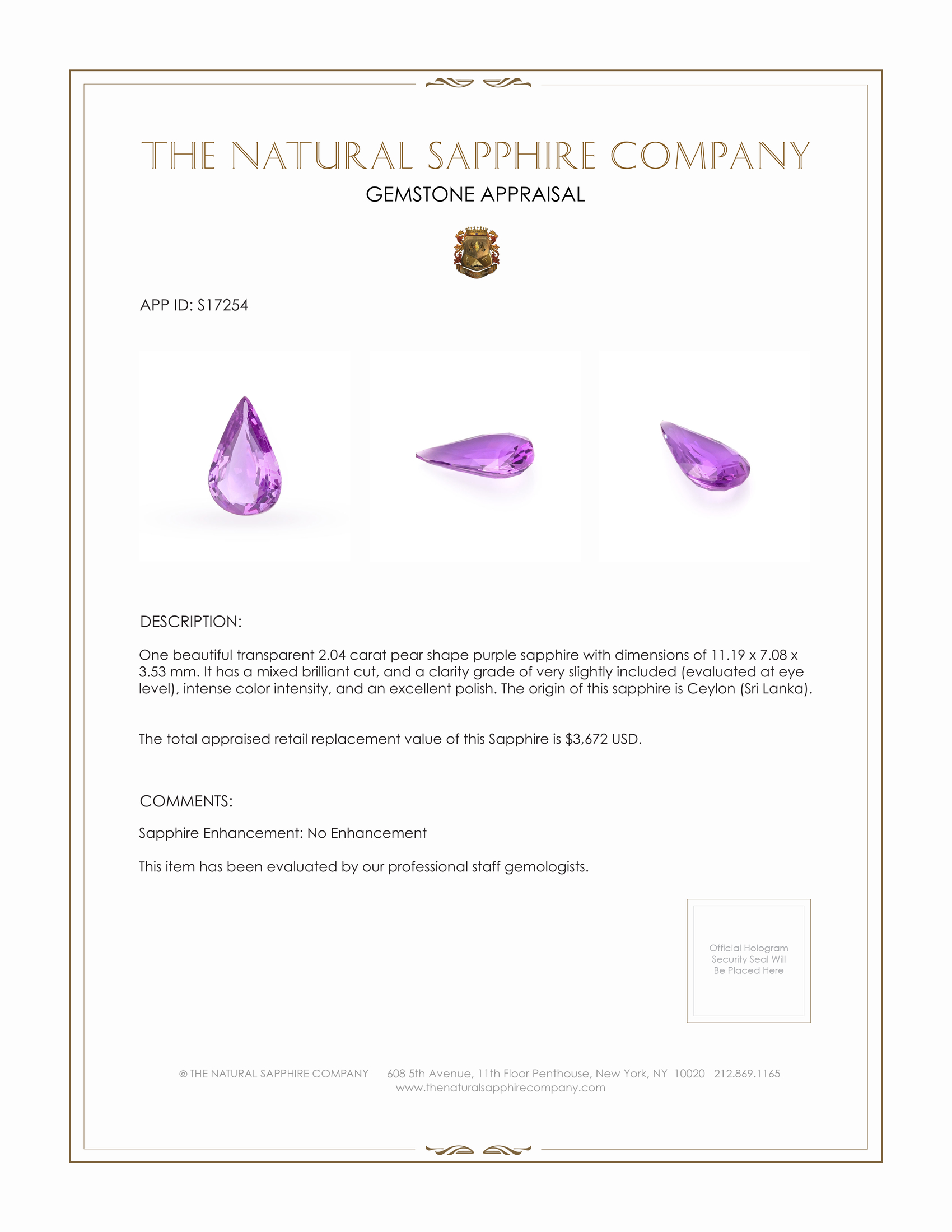 2.04 Ct. Purple Sapphire from Ceylon (Sri Lanka)