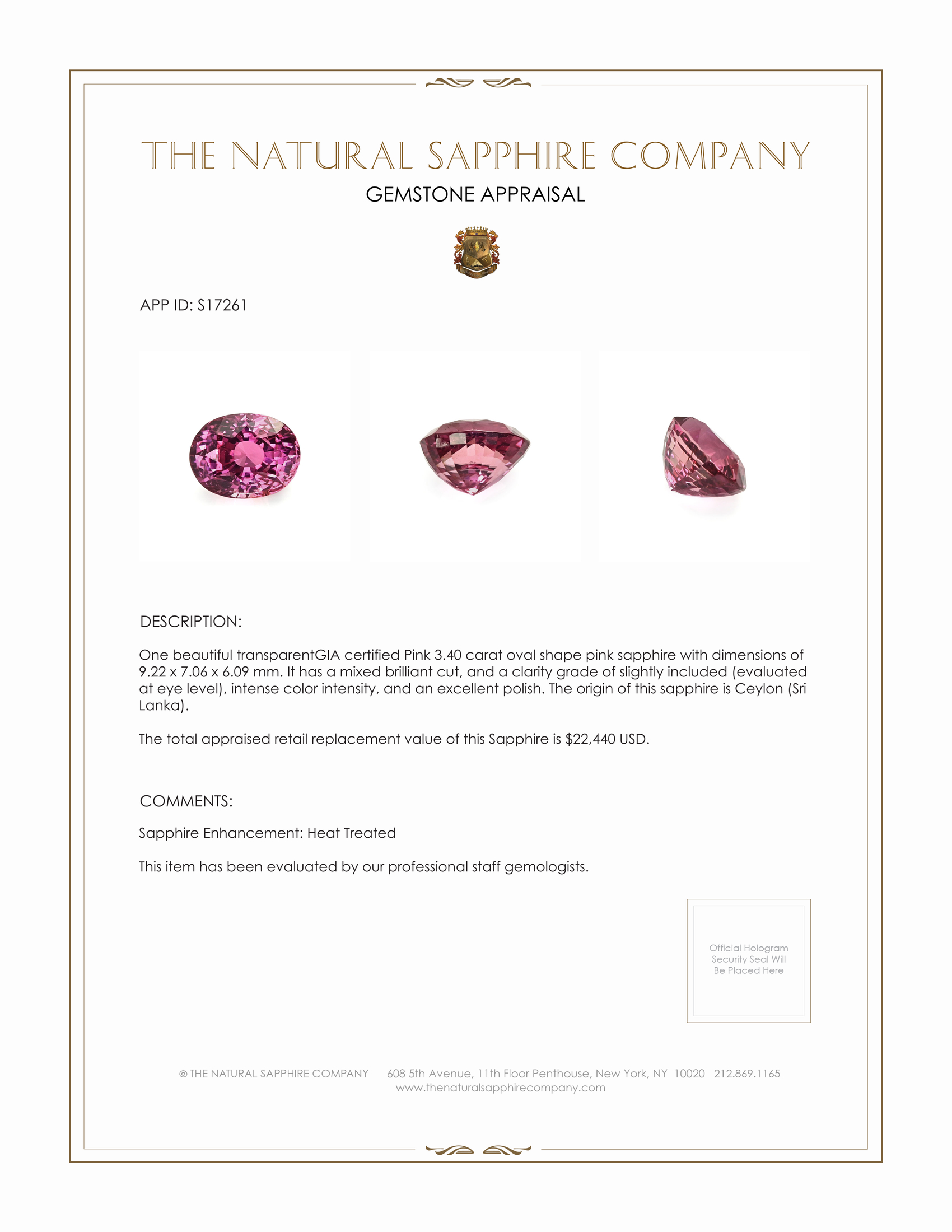3.40 Ct. Pink Sapphire from Ceylon (Sri Lanka)