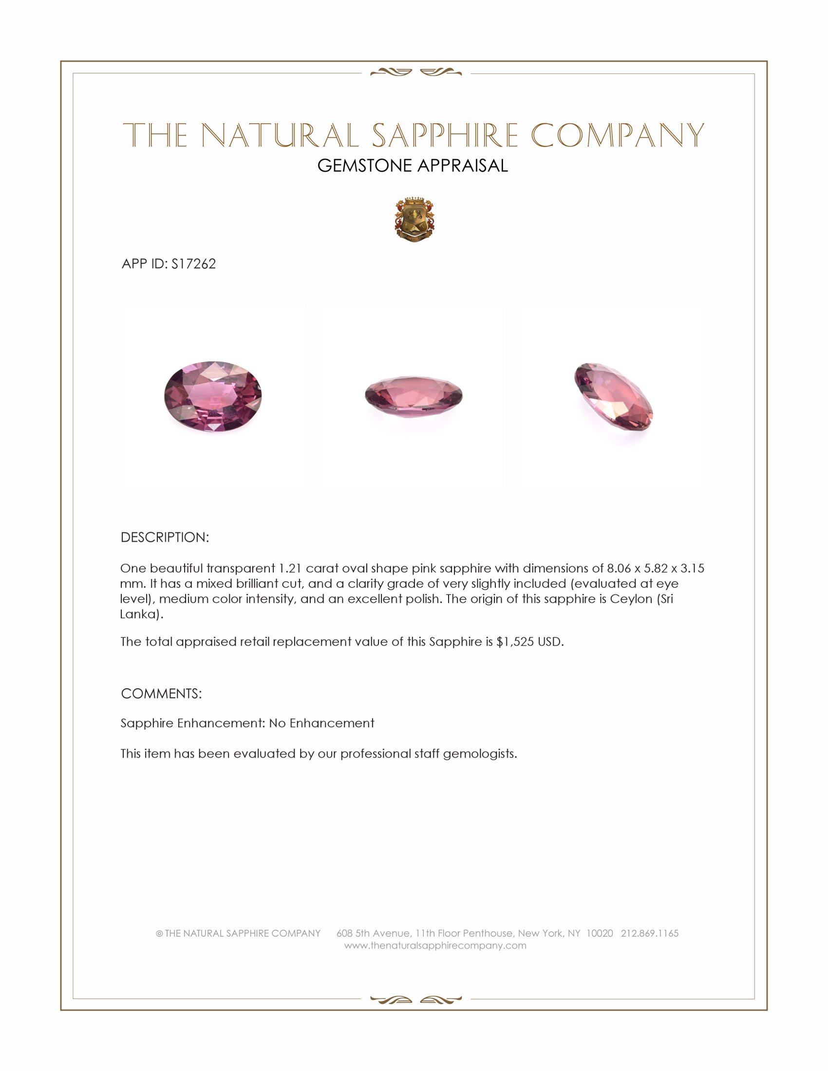 1.21 Ct. Pink Sapphire from Ceylon (Sri Lanka)