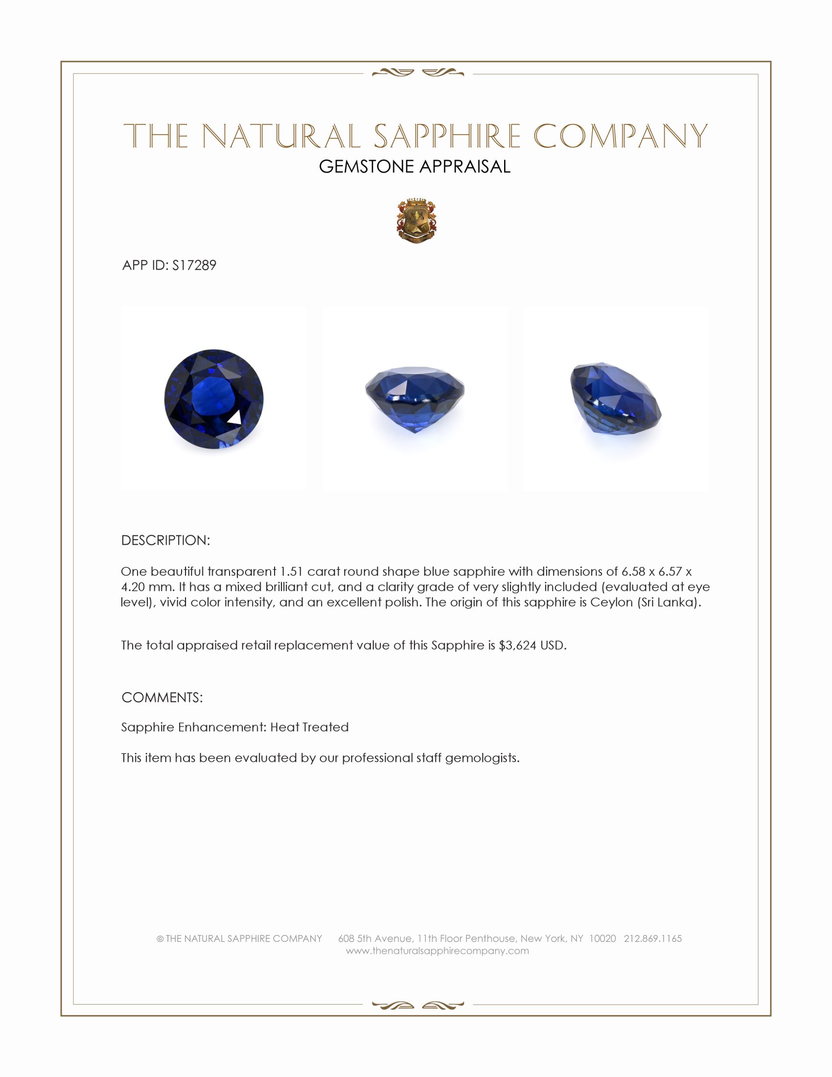 1.51 Ct. Blue Sapphire from Ceylon (Sri Lanka)