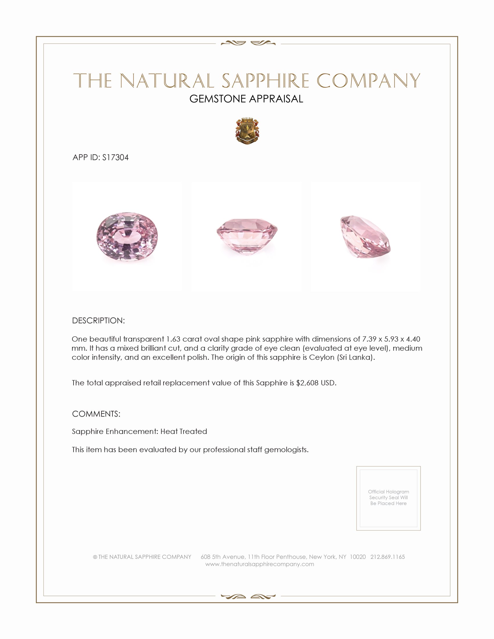 1.63 Ct. Pink Sapphire from Ceylon (Sri Lanka)