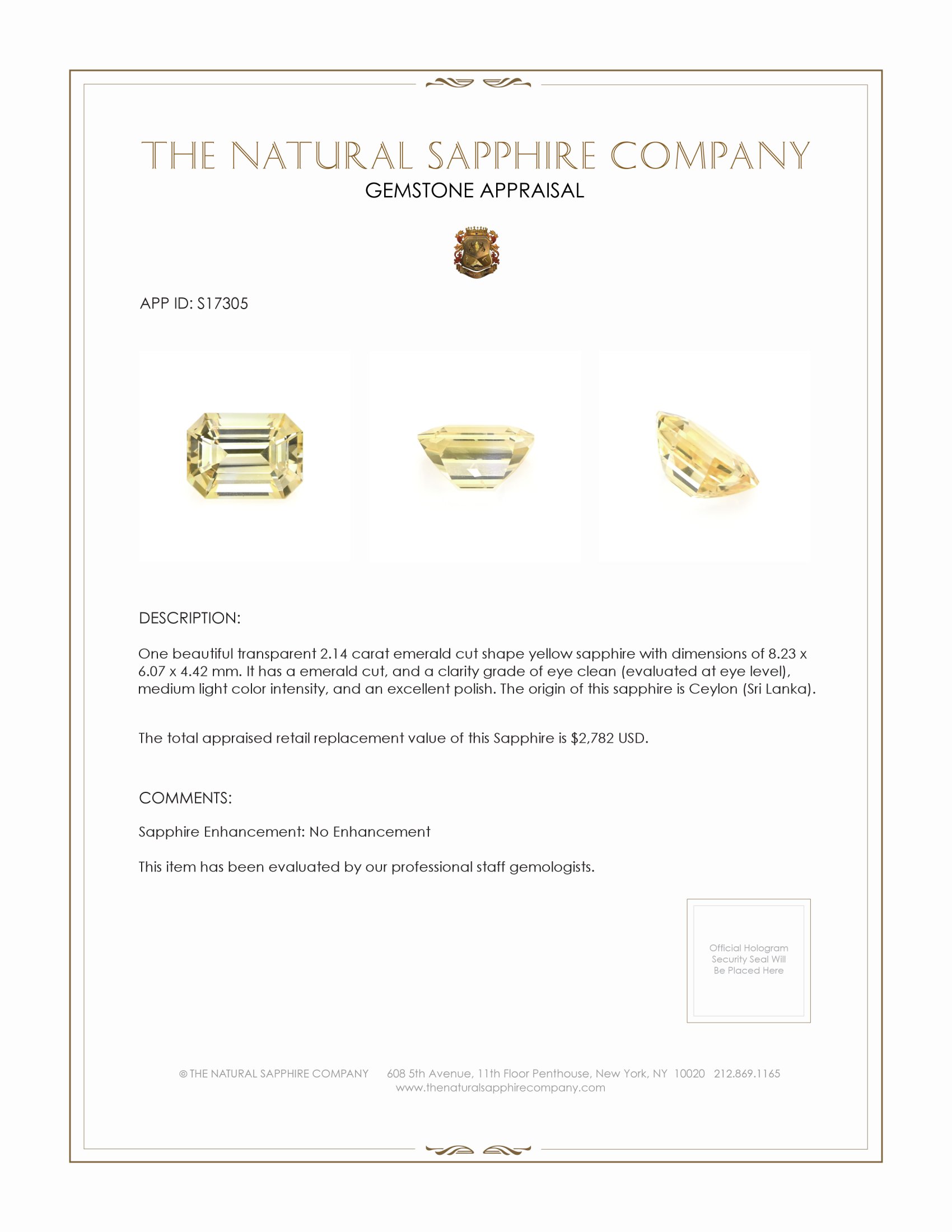 2.14 Ct. Yellow Sapphire from Ceylon (Sri Lanka)