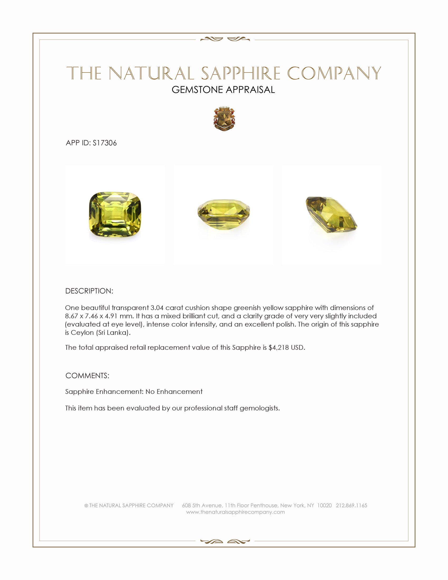 3.04 Ct. Greenish Yellow Sapphire from Ceylon (Sri Lanka)