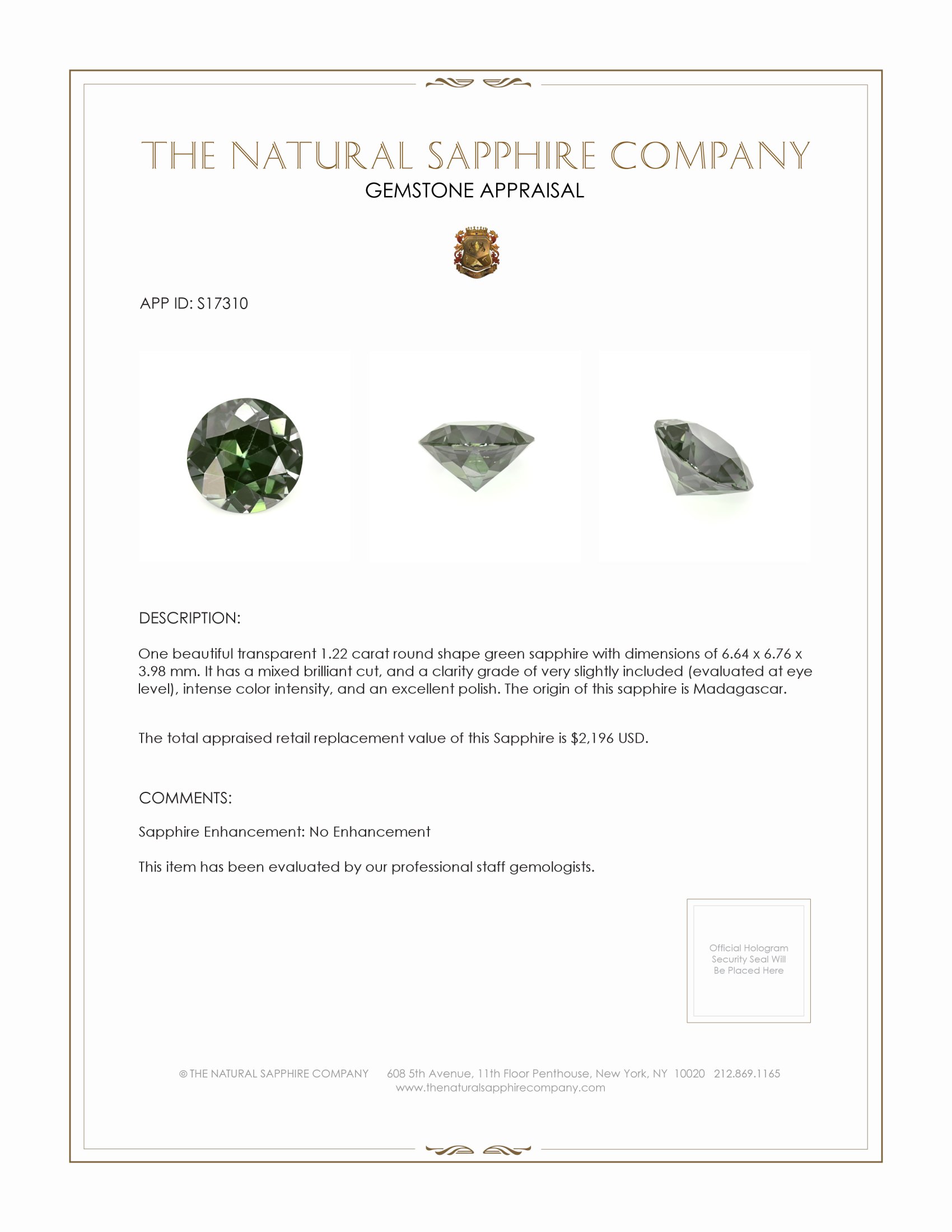 1.22 Ct. Green Sapphire from Madagascar