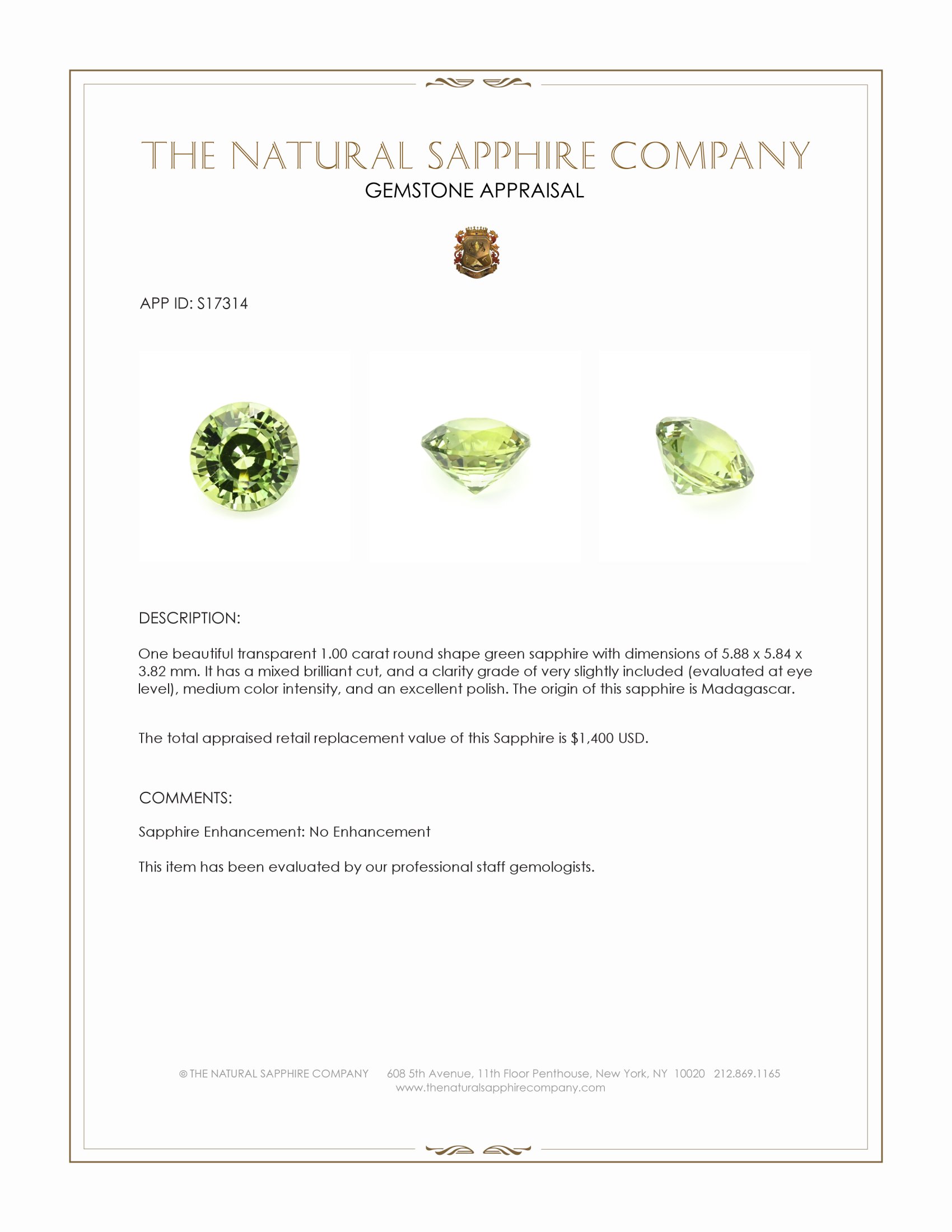 1.00 Ct. Green Sapphire from Madagascar