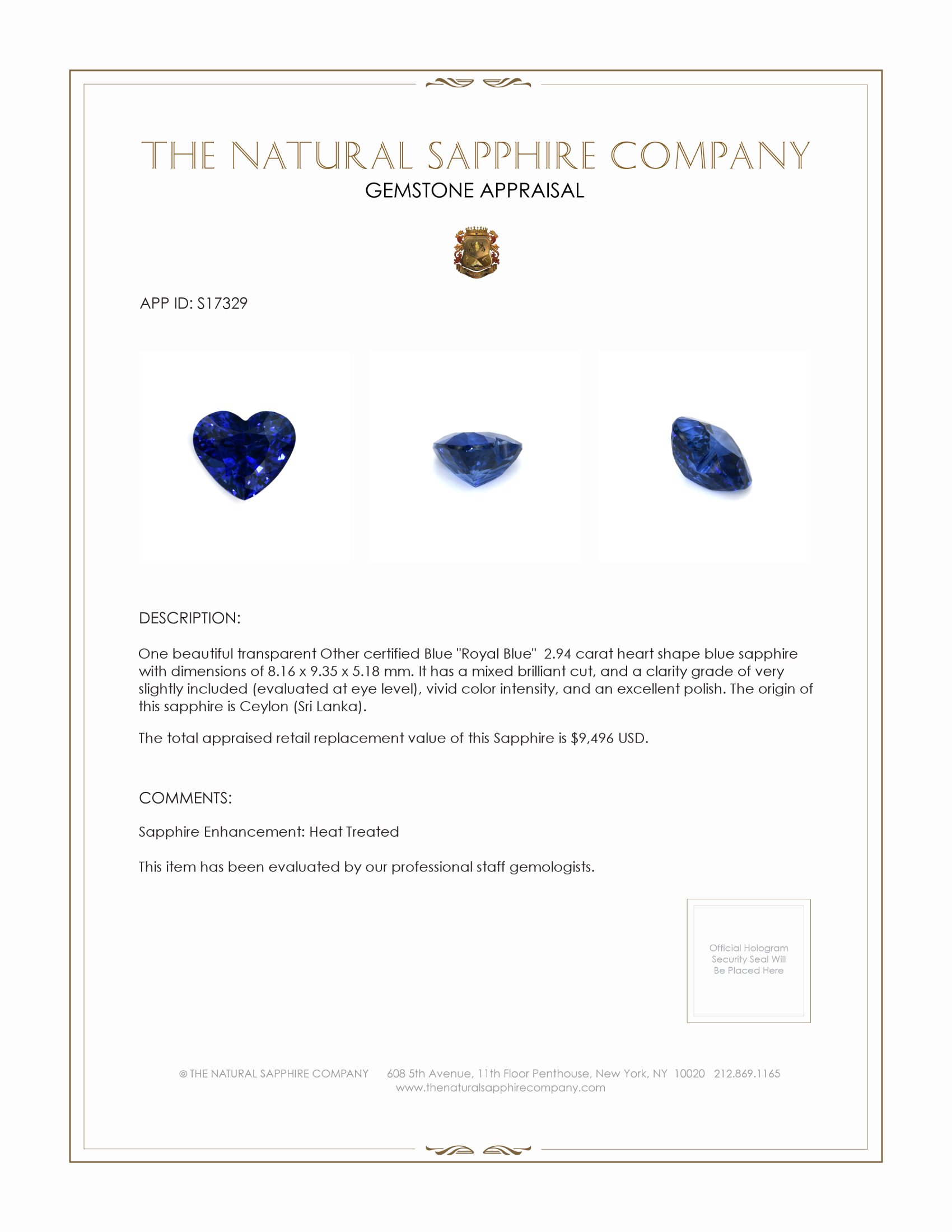 2.94 Ct. Blue Sapphire from Ceylon (Sri Lanka)