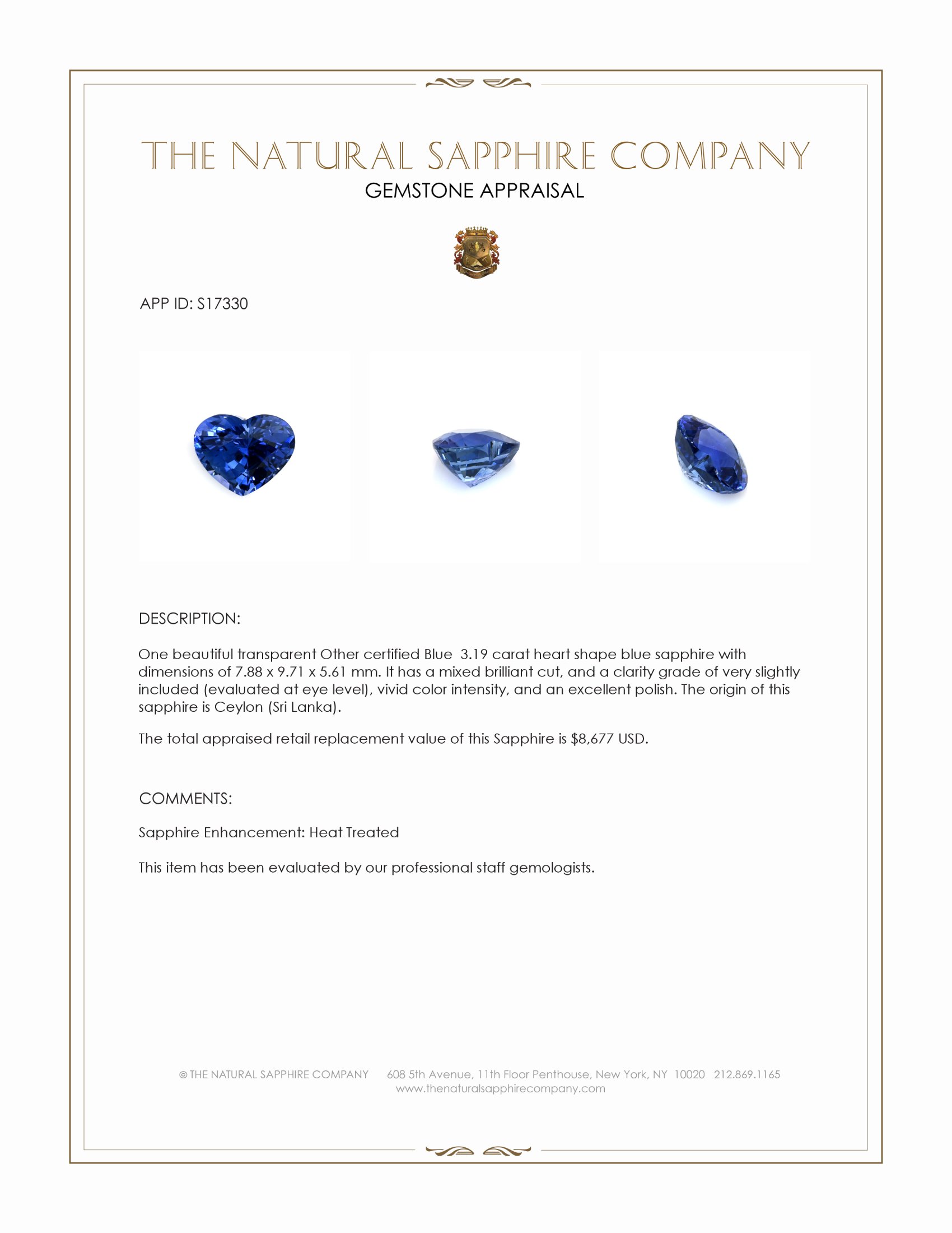 3.19 Ct. Blue Sapphire from Ceylon (Sri Lanka)