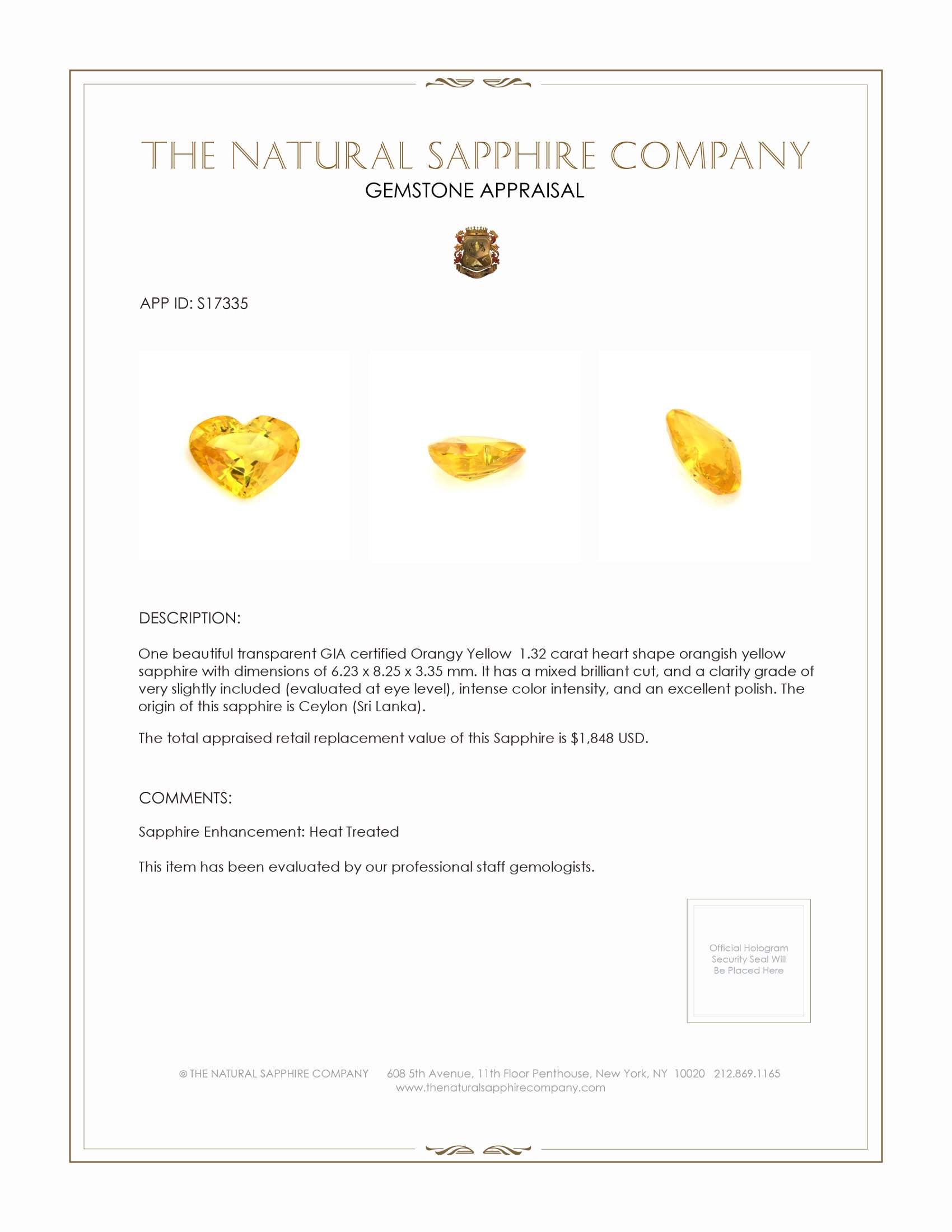 1.32 Ct. Orangish Yellow Sapphire from Ceylon (Sri Lanka)