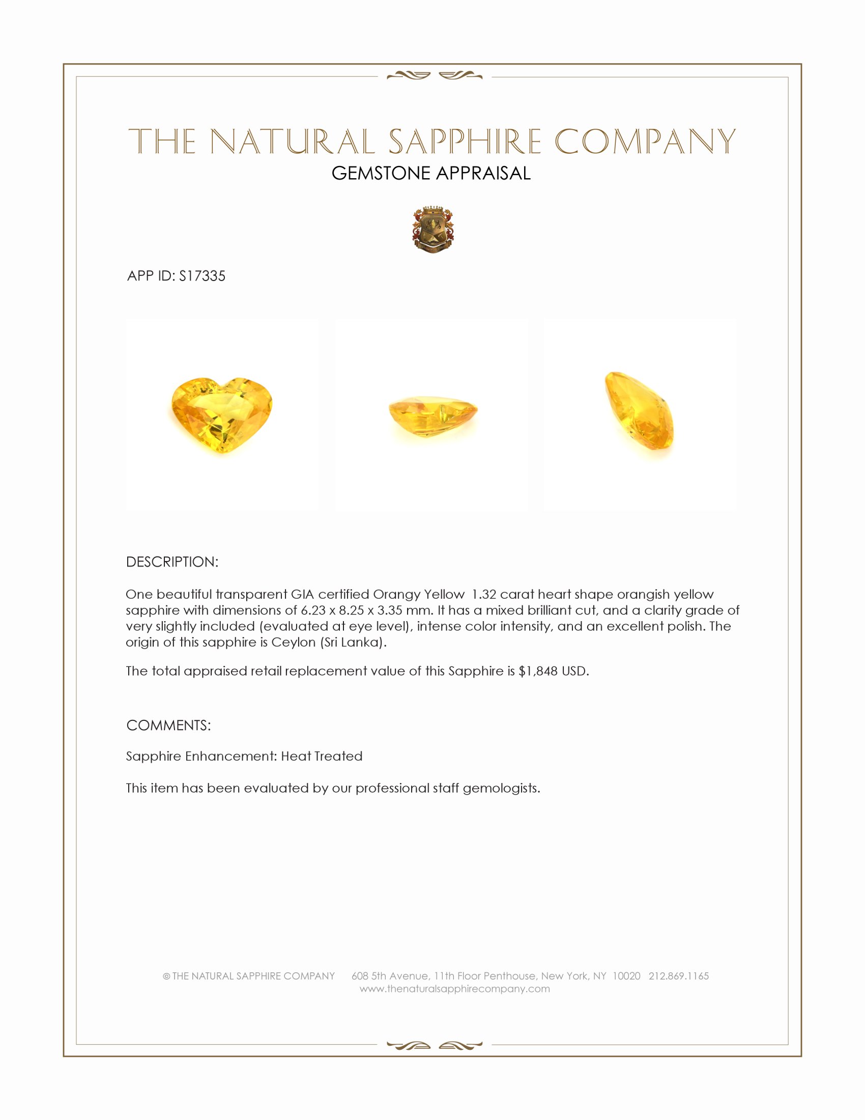 1.32 Ct. Orangish Yellow Sapphire from Ceylon (Sri Lanka)