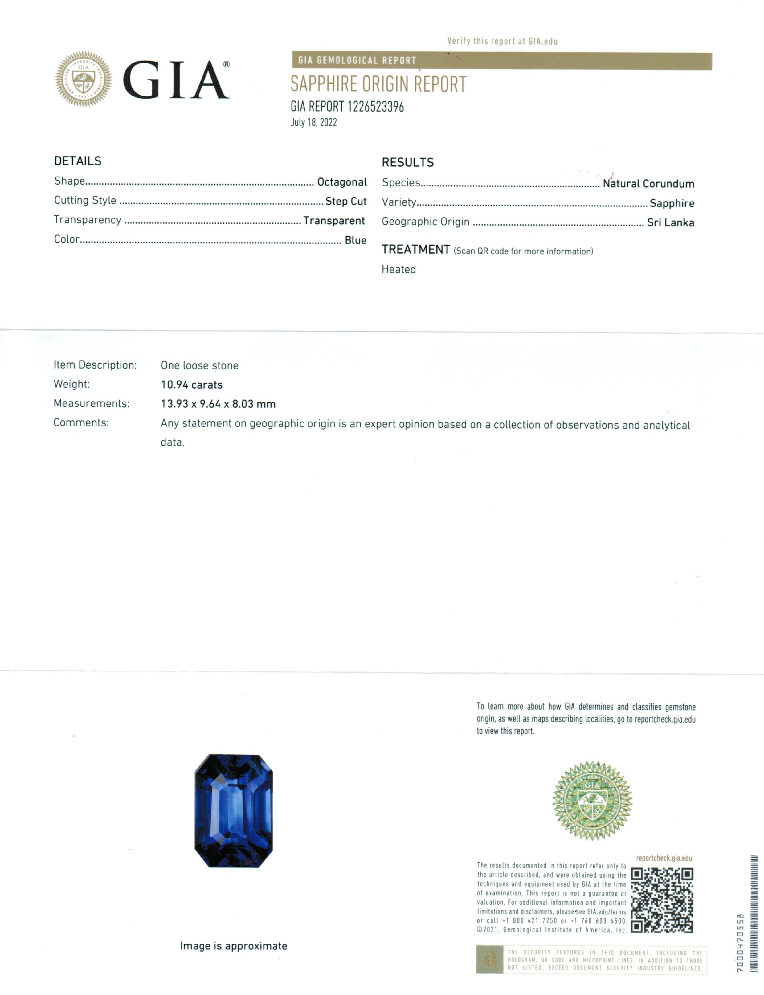 10.94 Ct. Blue Sapphire from Ceylon (Sri Lanka)