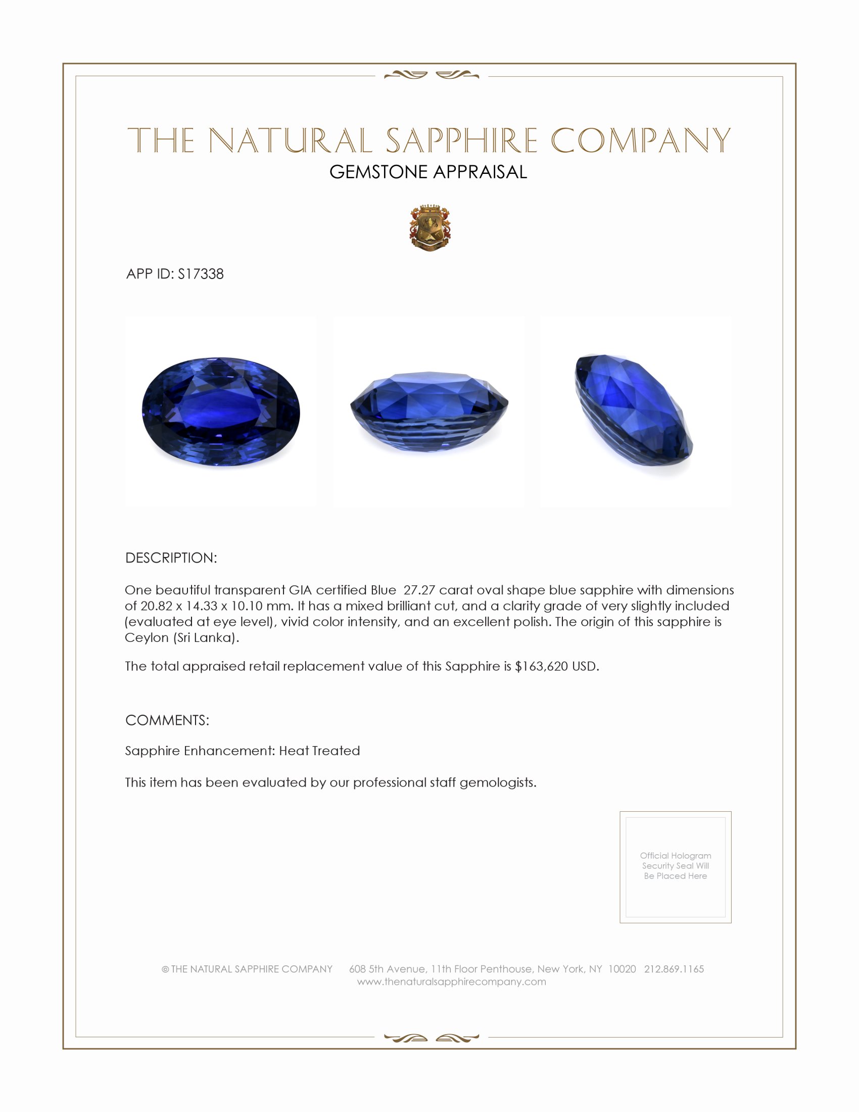27.27 Ct. Blue Sapphire from Ceylon (Sri Lanka)