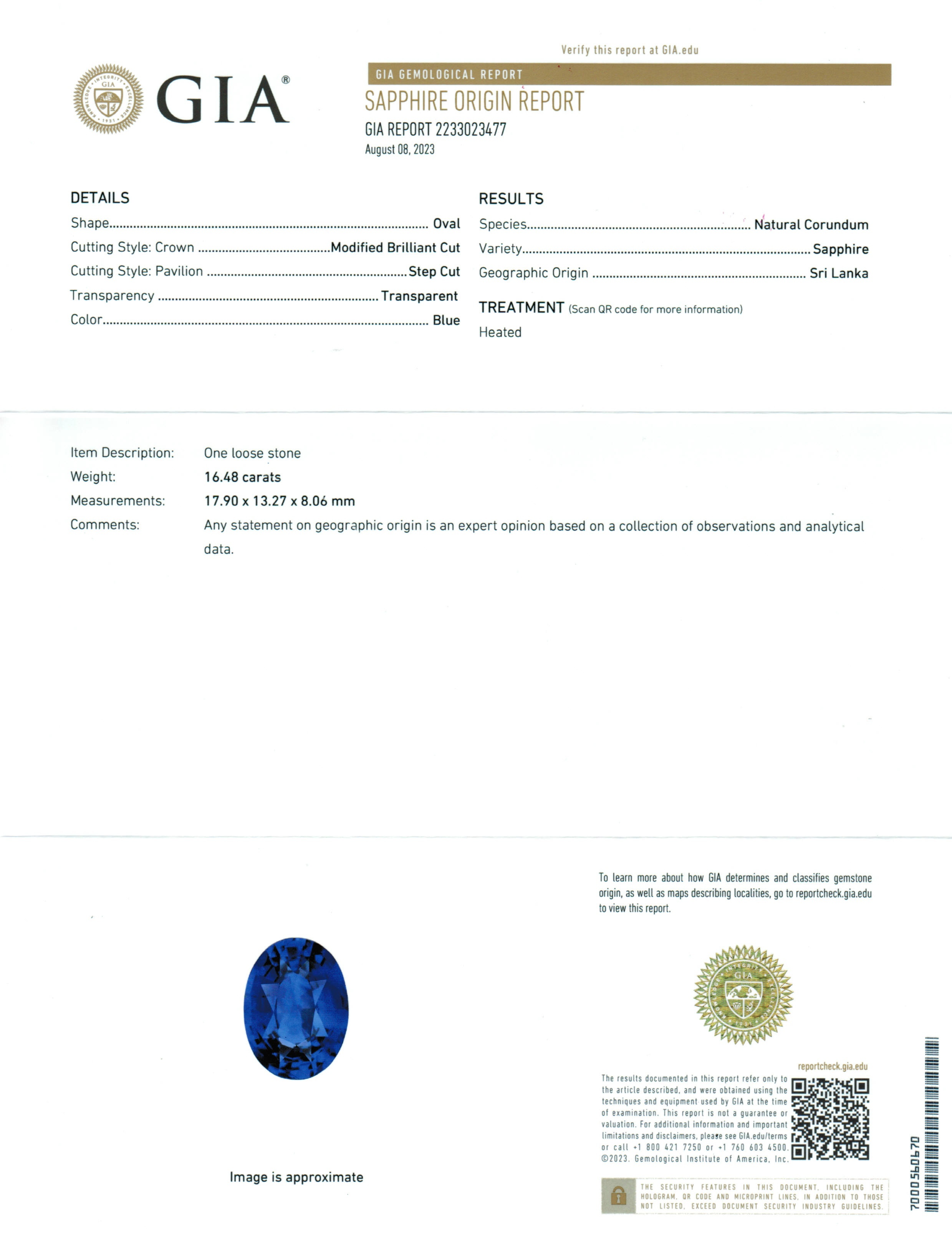 16.48 Ct. Blue Sapphire from Ceylon (Sri Lanka)