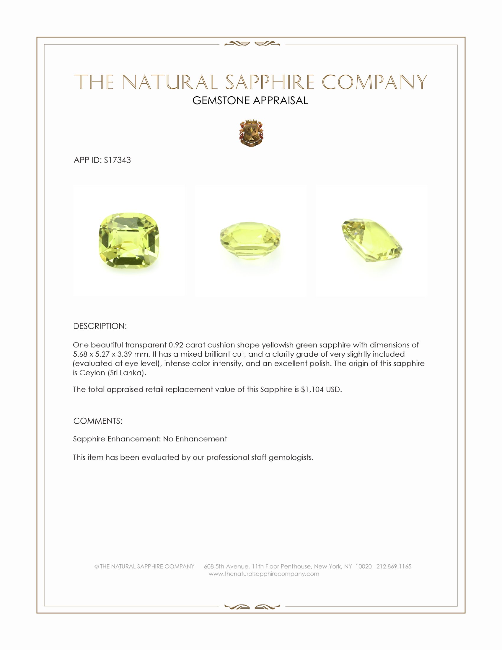 0.92 Ct. Yellowish Green Sapphire from Ceylon (Sri Lanka)